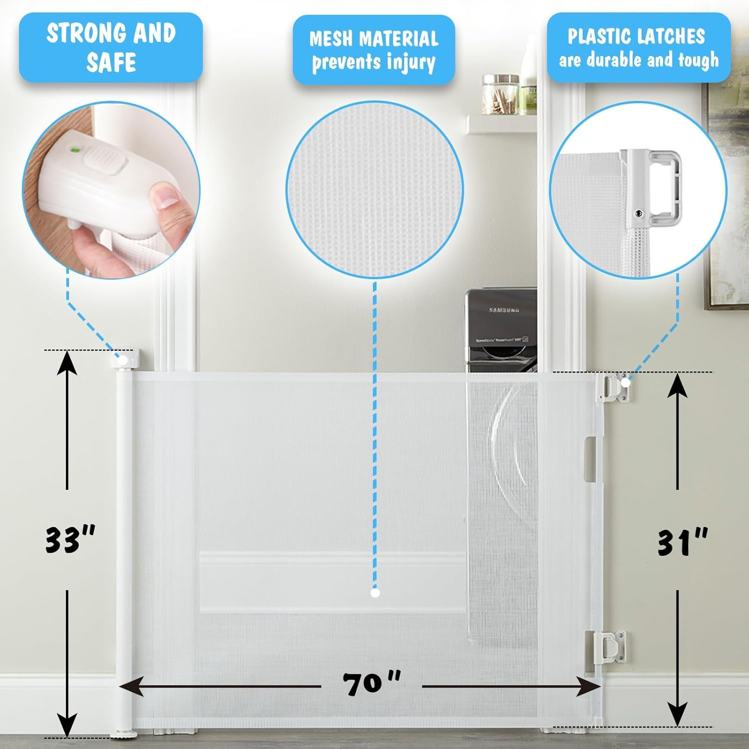 Retractable Baby Gate for Stairs, 33" Tall Expands 70" Wide Ideal Safety Solution Dog Gate for Stairs Doorways Hallways Indoor/Outdoor Mesh Baby Gate Retractable Screen Door(White,86Cmx180Cm) image number 5