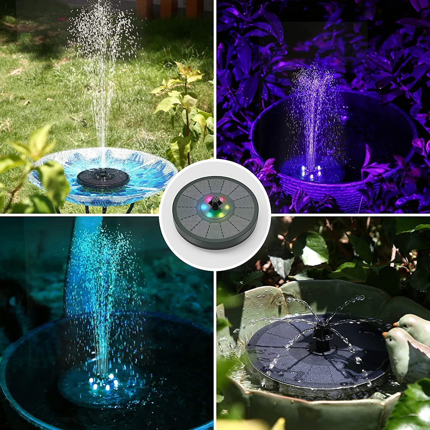 AUS Living Solar Fountain 3W with Battery & Leds, Floats in Bird Bath, Water Feature for Garden, Pool, Outdoor Pond. Simple to Use, No Power Cables Required