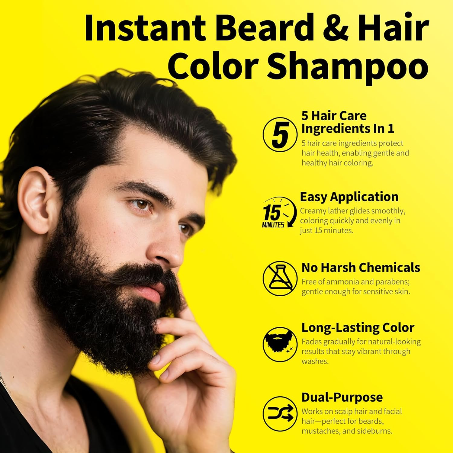 SEVICH Black Hair & Beard Dye Shampoo,Completely Covering the Grey Hair & Beard & Sideburns,5 Hair Care Ingredients in 1Instant Coloring in 15 Minutes,250Ml image number 3