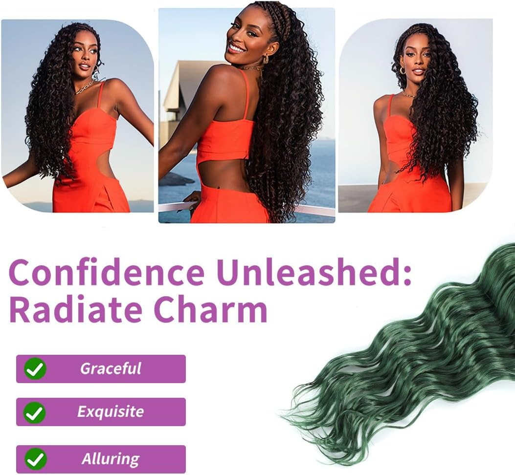 Ocean Wave Crochet Hair 18 Inch 3 Packs Deep Wave Braiding Hair Curl Crochet Synthetic Braids Hair Extension for Women (Green #, 18 Inch 3 Packs) image number 5