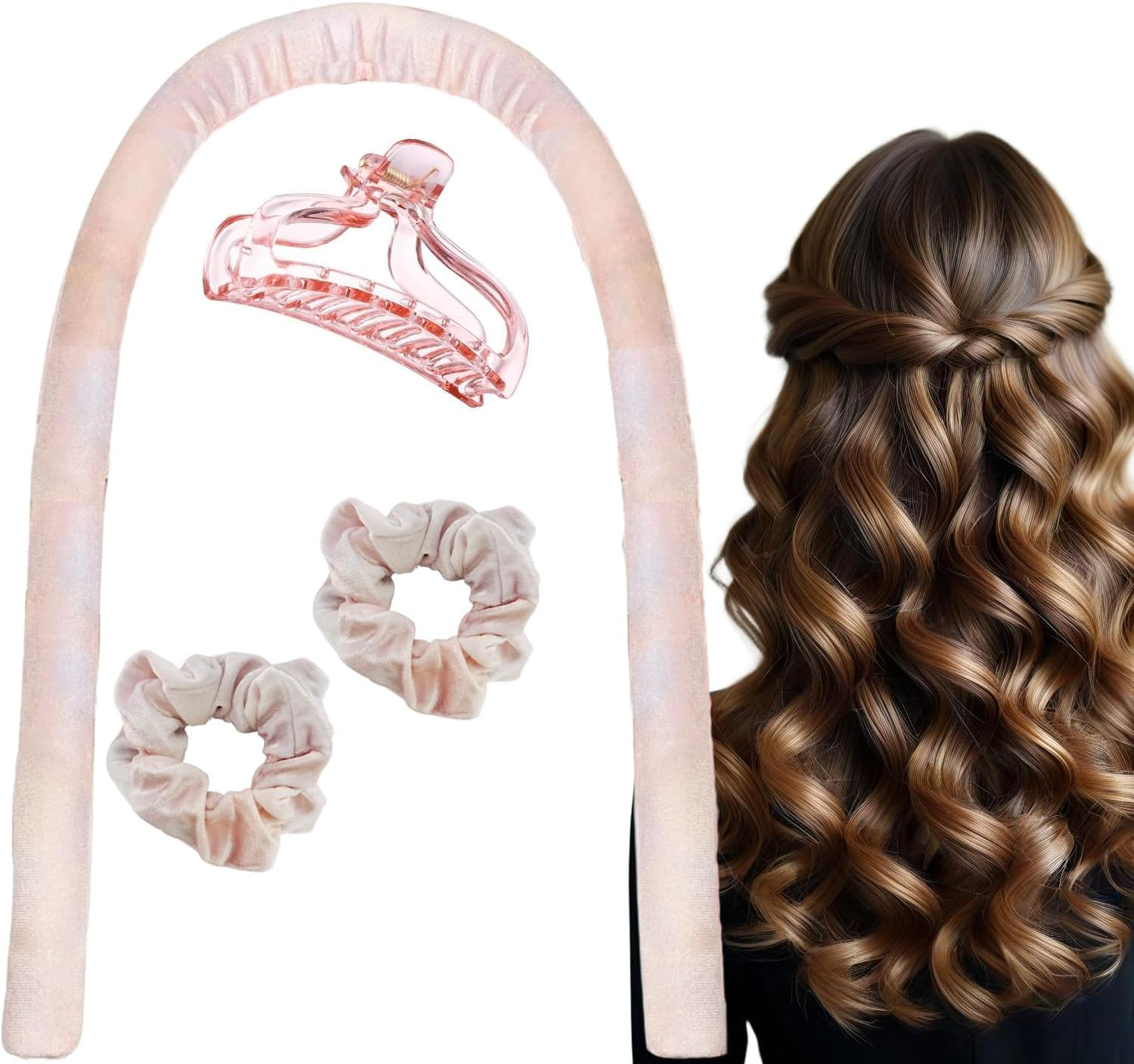 Overnight Curls, Overnight, Headband Curlers, Curls in Sleep, Heatless Curling Iron Headband, Silk Bands Hair, Curls Make Overnight Long Hair Ribbon - Light Pink image number 3