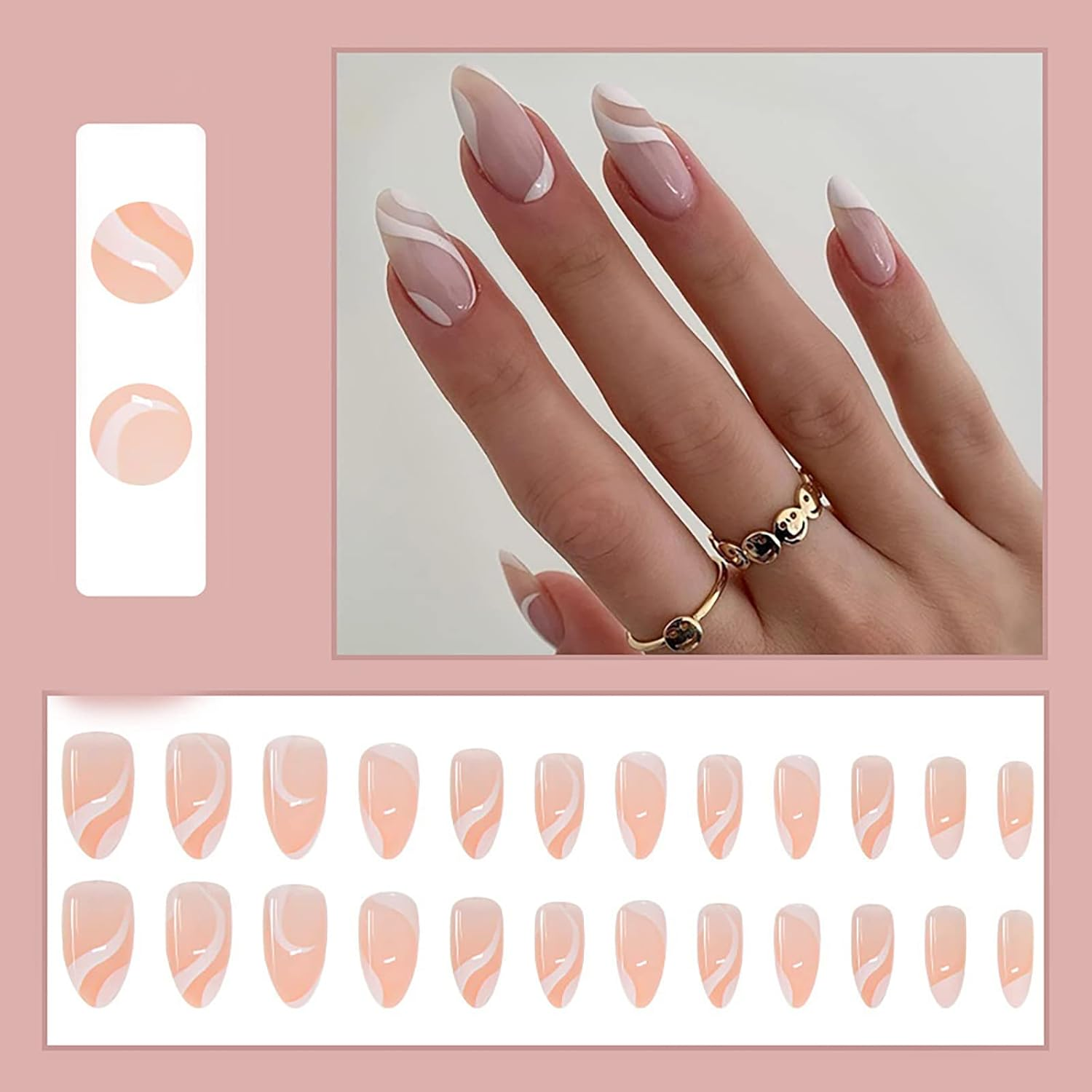 24 Pcs Press on Nails Medium, Sunjasmine Fake Almond Glue Nails, False with Glue, Acrylic for Women and Girls (White Swirl) image number 4
