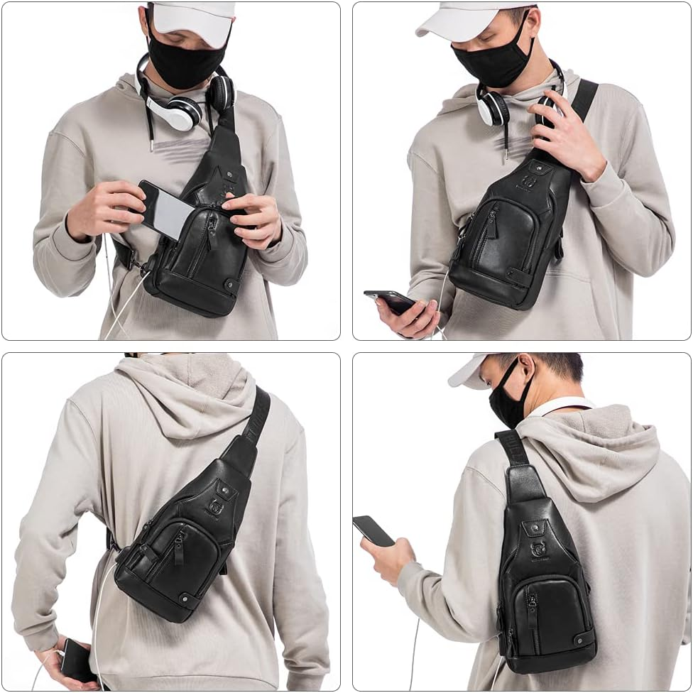 Men Leather Sling Bag Casual Shoulder Chest Crossbody Bag Hiking Travel Daypack with USB Charging Port