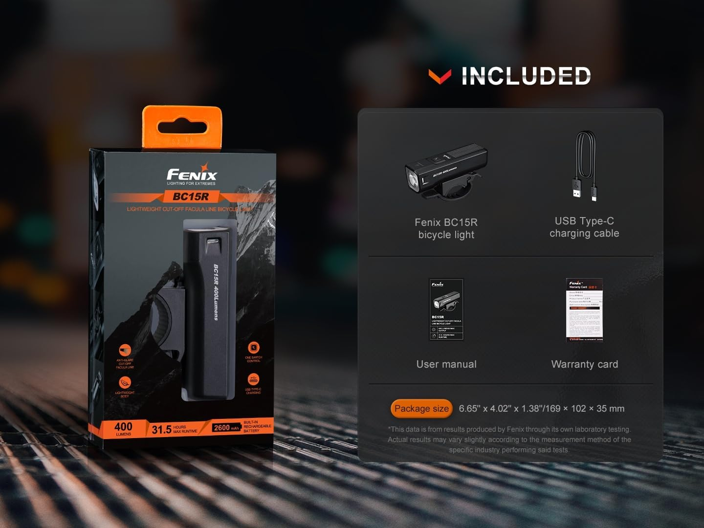 Fenix BC15R Rechargeable Bike Light - 400 Lumens & USB-C Charging - Safety Headlight for Urban Cyclists - Quick-Release Mount - Bicycle Light for Road, Coastal Highways, Park Paths & Wiled Jungle