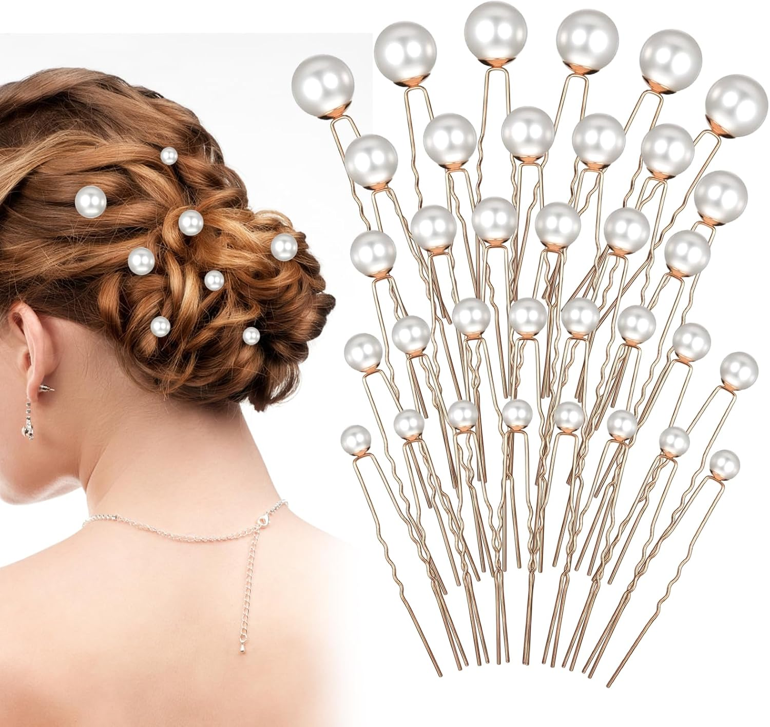 34 Pcs Wedding Pearl Hair Pins, Bridal Pearl Hair Accessories U Shape Barrette for Bride Bridesmaid Women Gold image number 5