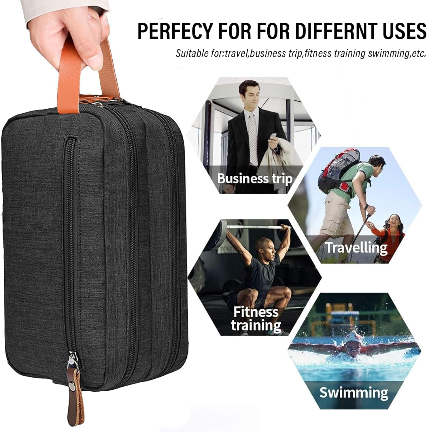 Men'S Double Layer Toiletry Organizer Traveling Bag with Handle, Portable Travel Shaving Dopp Kit Water-Resistant Cosmetic Pouch, Oxford Cloth Toiletry Bag Travel Shaving Dopp Kit for Men, Black image number 4