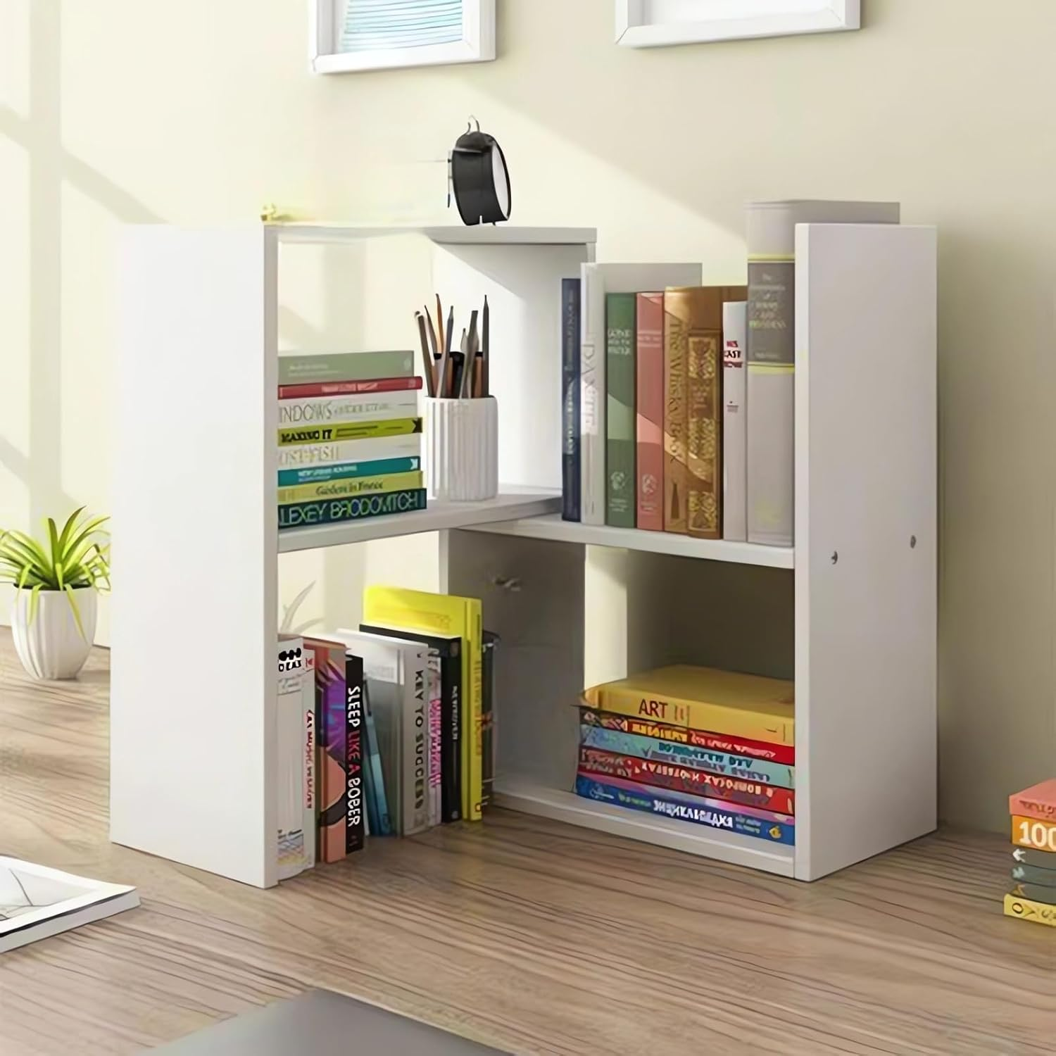 Desktop Wooden Bookshelf Organiser, Wood Bookcase, 3-Tier Storage Shelf for Books and Office Supplies A208 (A Coffee)