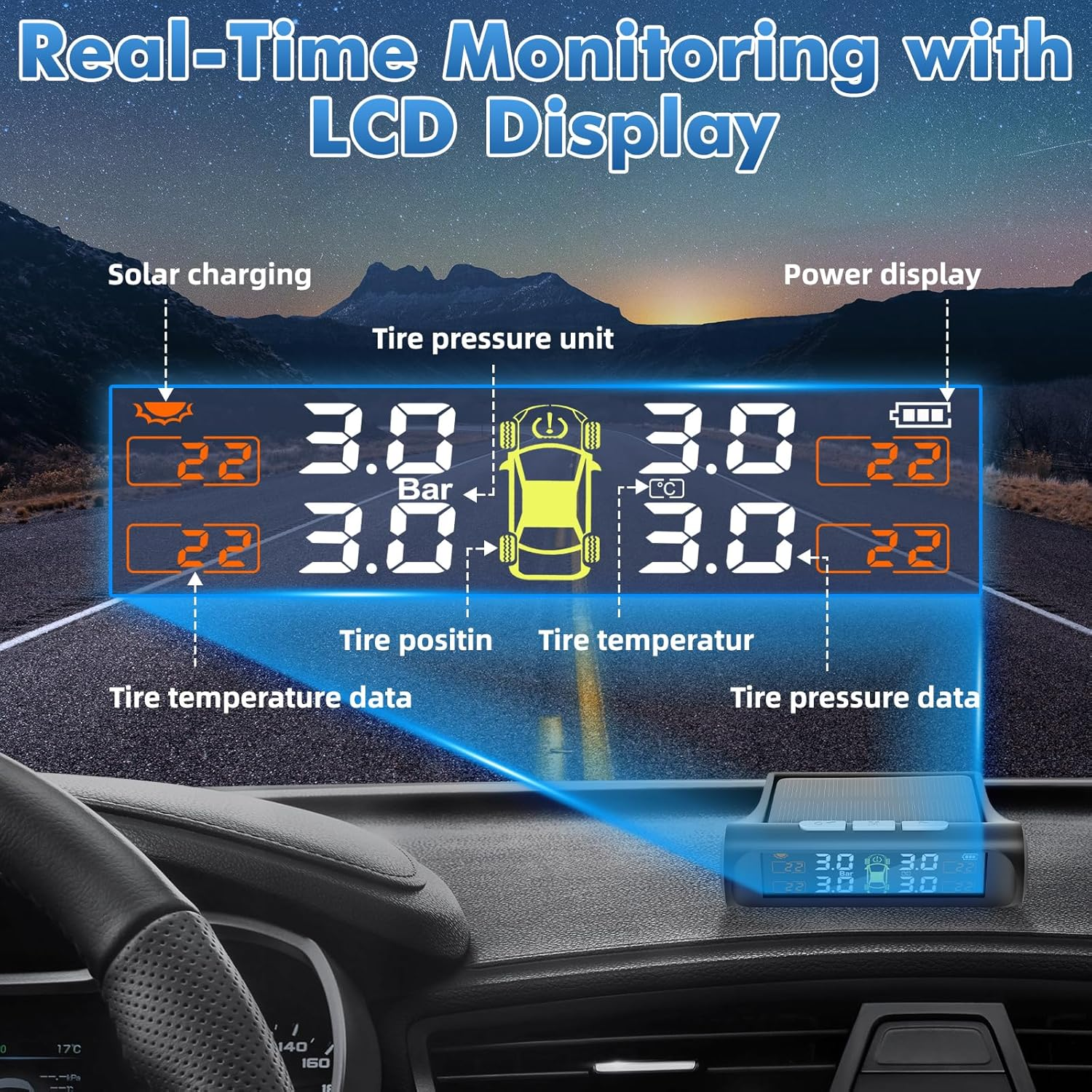 Tyre Pressure Monitoring System,Tpms with Solar & USB Charging, TPMS W/4 External Sensors & 5 Alarm Modes,Real Time Monitoring Pressure & Temperature, Auto Sleep,Suitable for 4 Wheeled Vehicles