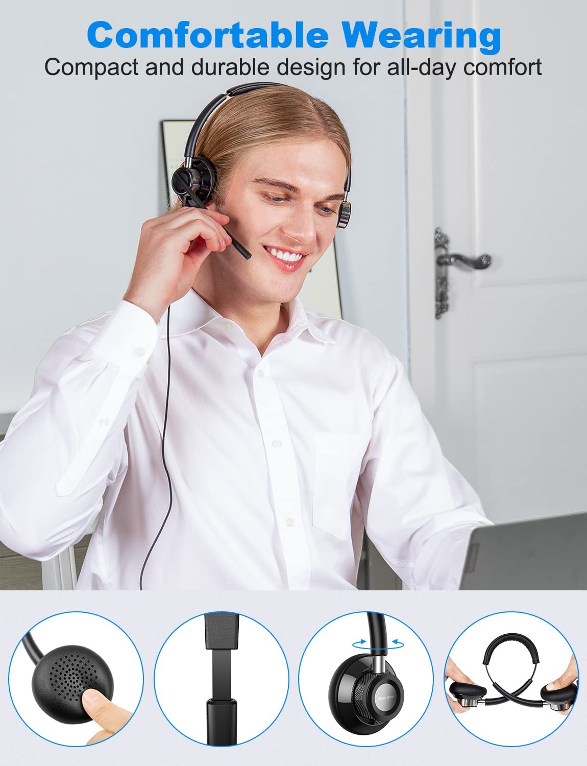 USB Headset New Bee with Microphone Flexible for L/R Side Super Lightweight Computer Headset In-Line Mute Wired Office Headset for PC, Laptop, Skype, Zoom, Call Center, Meetings, Webinar, Home image number 5
