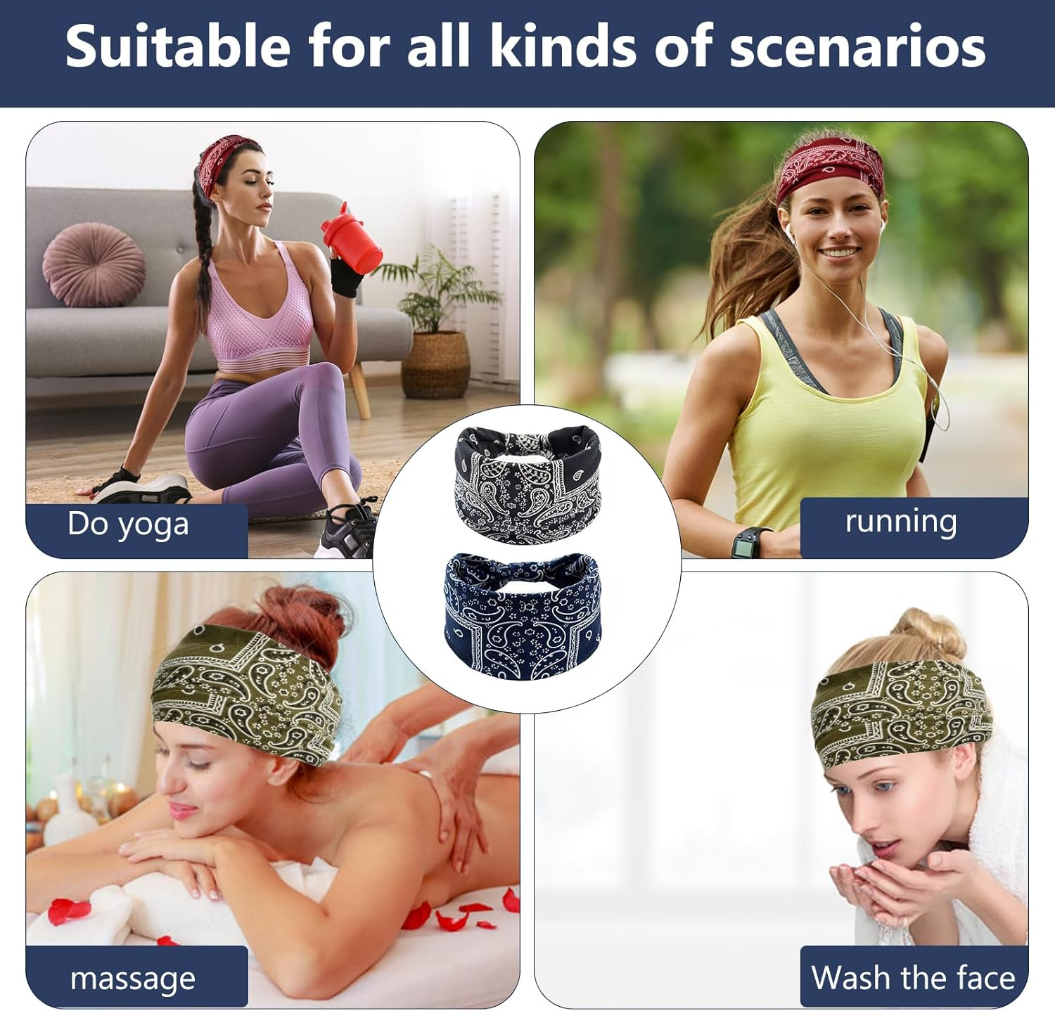 Culinavog Pack of 4 Boho Hair Bands, Wide Soft Headbands with Knotted Look, Elastic Headband for Yoga, Sports, Daily Life - Colourful Set Hair Accessories Women image number 6