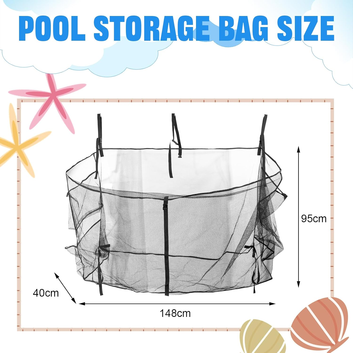 Pool Float Storage Bag,Adjustable Pool Toys Organizer Hanging Mesh Bag with 3 Side Pockets for Rafts,Balls,Floats,Inflatable Toys,High Strength Pool Toy Storage Net Bag,Swimming Pool Accessories