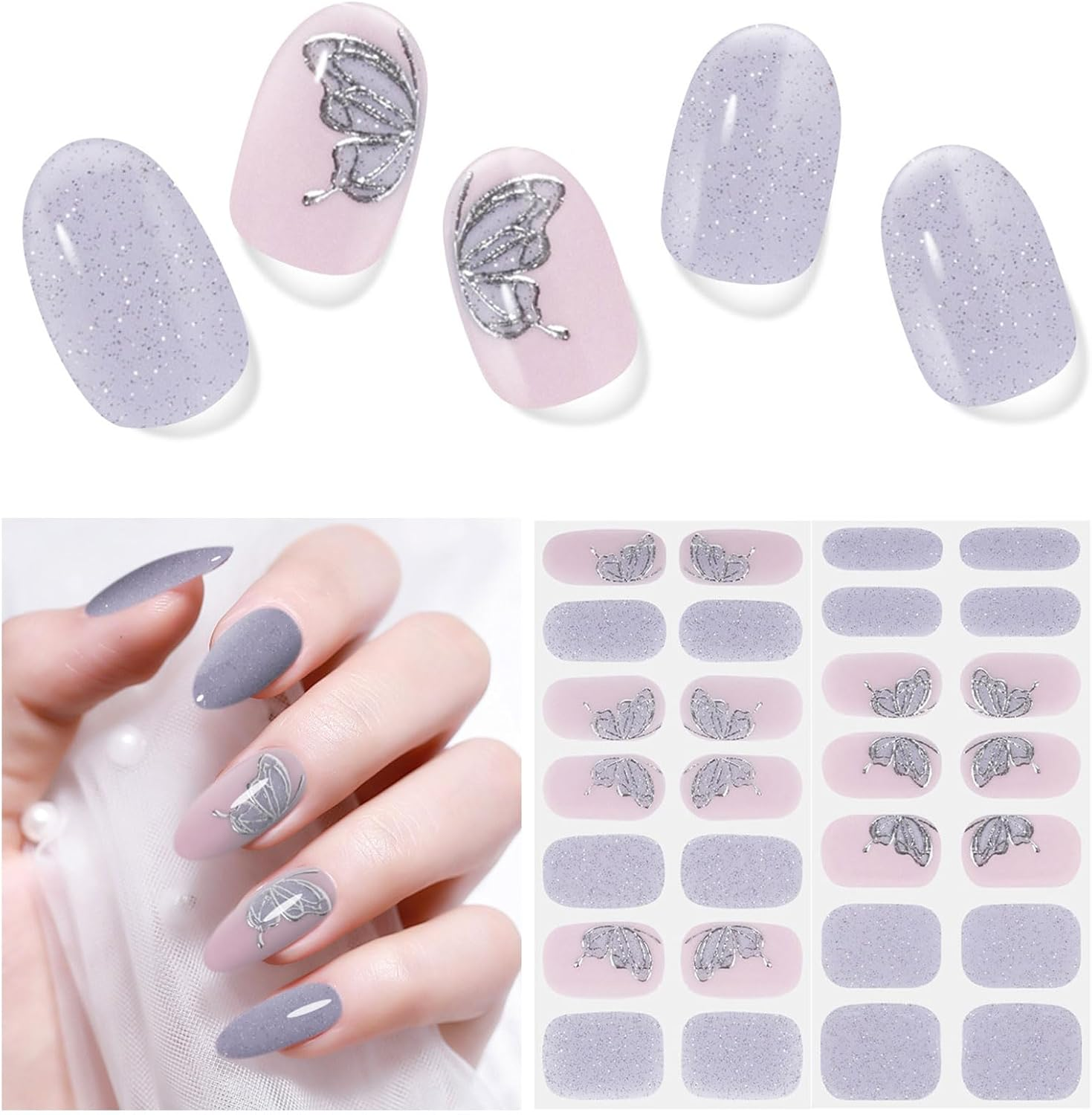 DUKASOU Semi Cured Gel Nail Strips,28 Pcs Gel Nail Stickers UV Light/Led Lamp Required,Long Lasting Nails Art Stickers, Easy to Apply (Relief Butterfly)