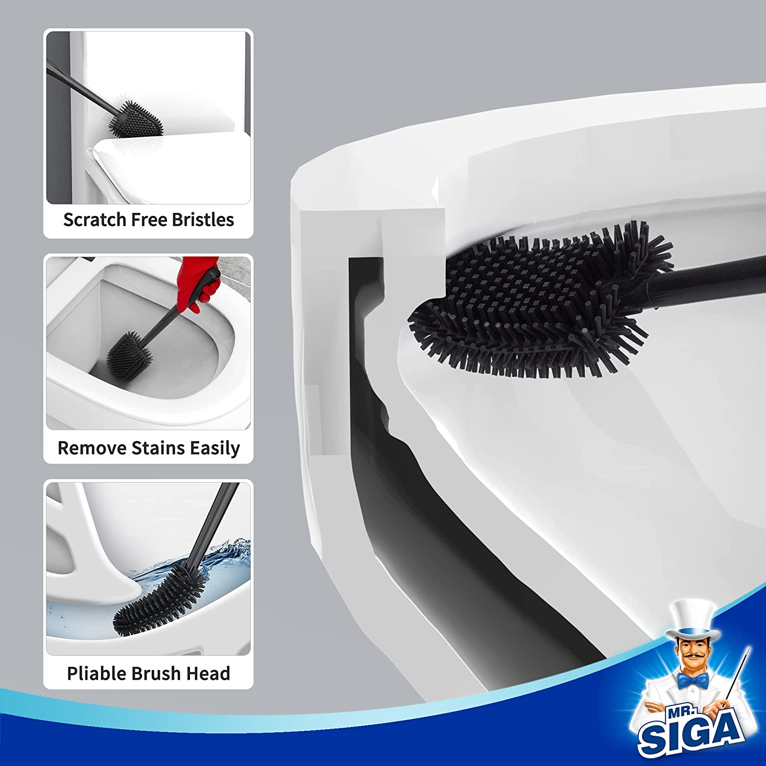 MR.SIGA Toilet Bowl Brush and Holder, Durable and Flexible Bristles, Wall Mounted Toilet Brush for Bathroom Cleaning, Black, 1 Pack image number 3