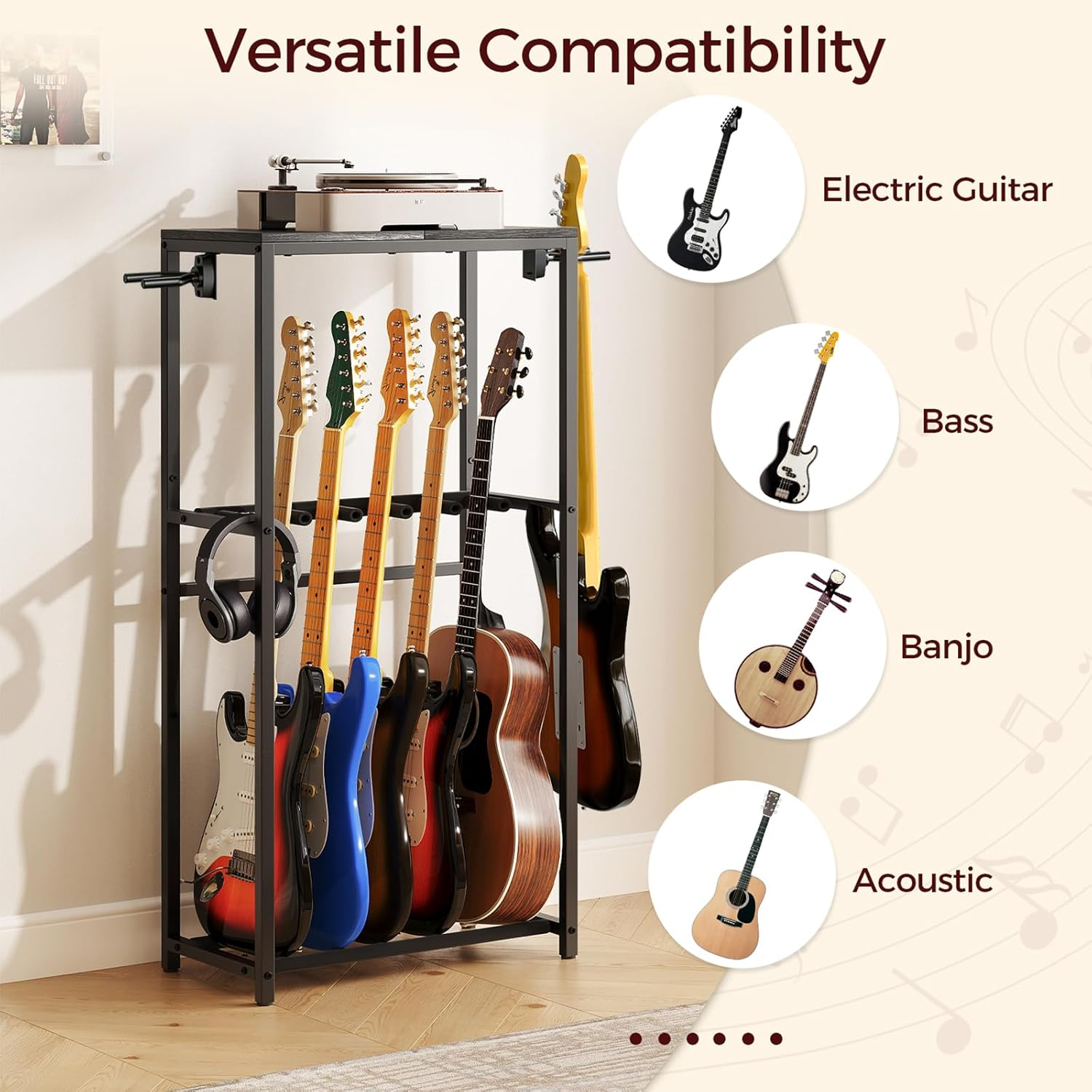 Guitar Stand, Multiple Rack Holder for Acoustic, Electric, Bass, Ukulele - Adjustable Floor Stand, Amp Accessories for Home Music Studio, Black GSHB6501 image number 3