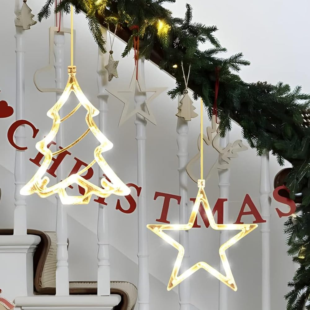 TRIXES Light up Star and Christmas Tree - 2PC Festive Wall Hanging Decor - Battery Powered image number 2