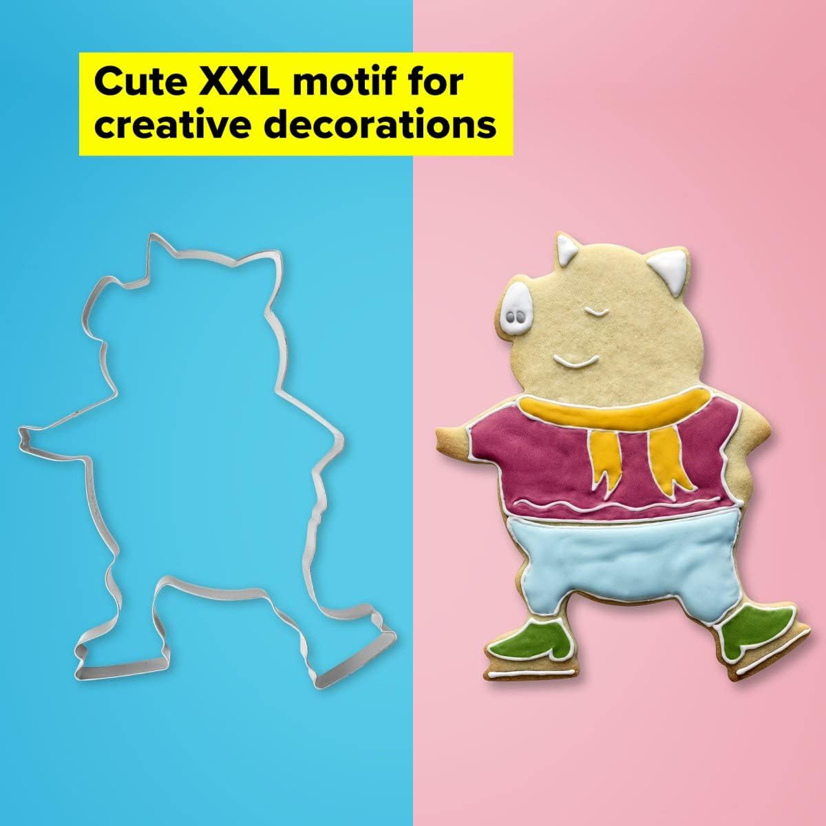 Tasty XXL Cookie Cutter, Ice Skating Pig, Piglet Shape, for Cute, Fun and Unique Cookie Creation and Baking in Classic Glossy Silver, Dimensions: 15.5 X 19 X 2.5Cm, Colour: Silver - Moose image number 6