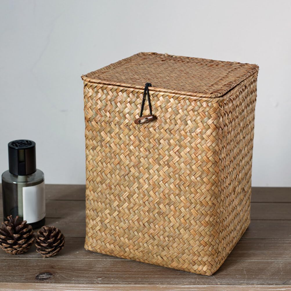 Luxshiny Seagrass Storage Box Lidded Woven for Desktop Organization and Bedroom Tidiness for Sundries and Cosmetics