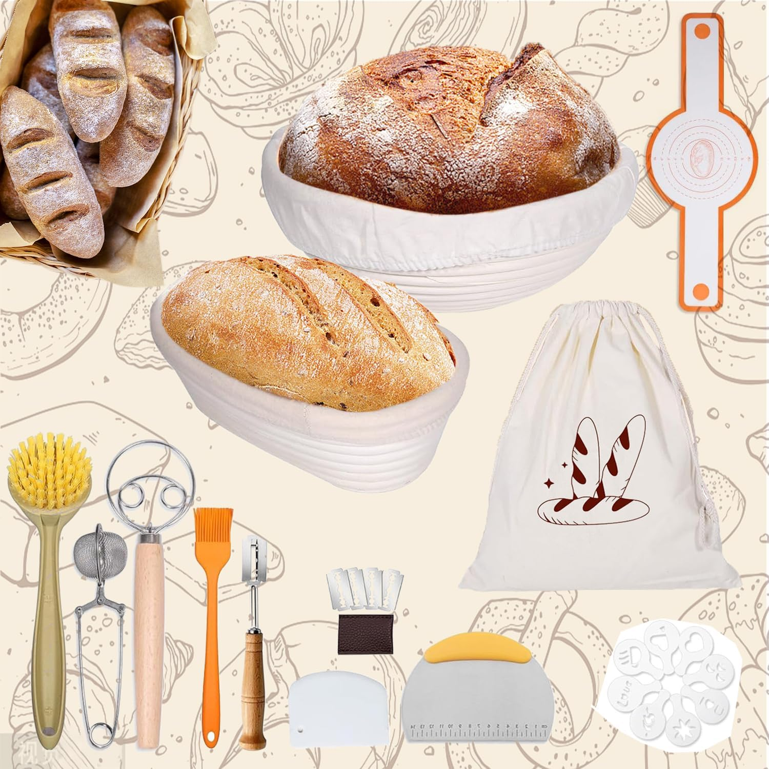 Xkimos Sourdough Starter Kit,14-Piece Set Banneton Proofing Basket with round & Oval Rattan Proofing Baskets,Natural Rattan Bread Proofing Basket,Sourdough Kit with the Necessary Tools. image number 1