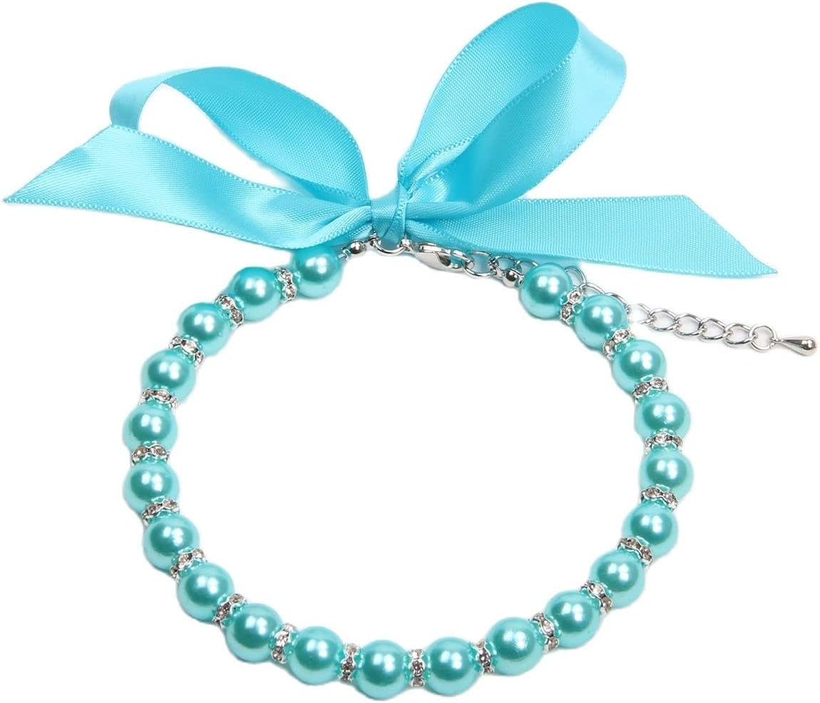 Dog Cat Pearls Necklace Collar with Bling Accessories and Ribbon Bow Pet Puppy Jewelry for Female Dogs Cats Small Medium (M, Pink)