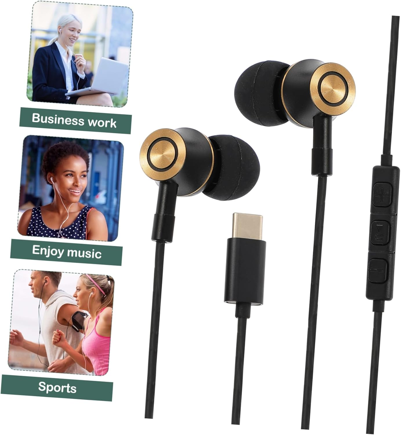 LRXIYODE USB Type-C Earphones with Mic Wired In-Ear Headset Noise Canceling Stereo for Phone and Tablet, Metal Black Design for Travel and Daily Use