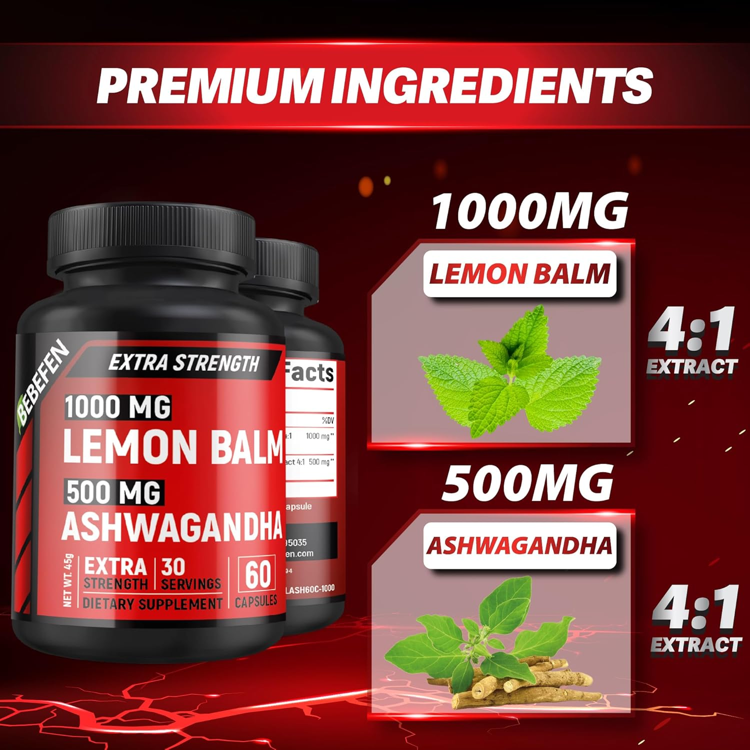 Lemon Balm 1000 Mg with Ashwagandha Root 500 Mg Supplement &ndash; Non-Gmo, Gluten Free (60 Capsules)