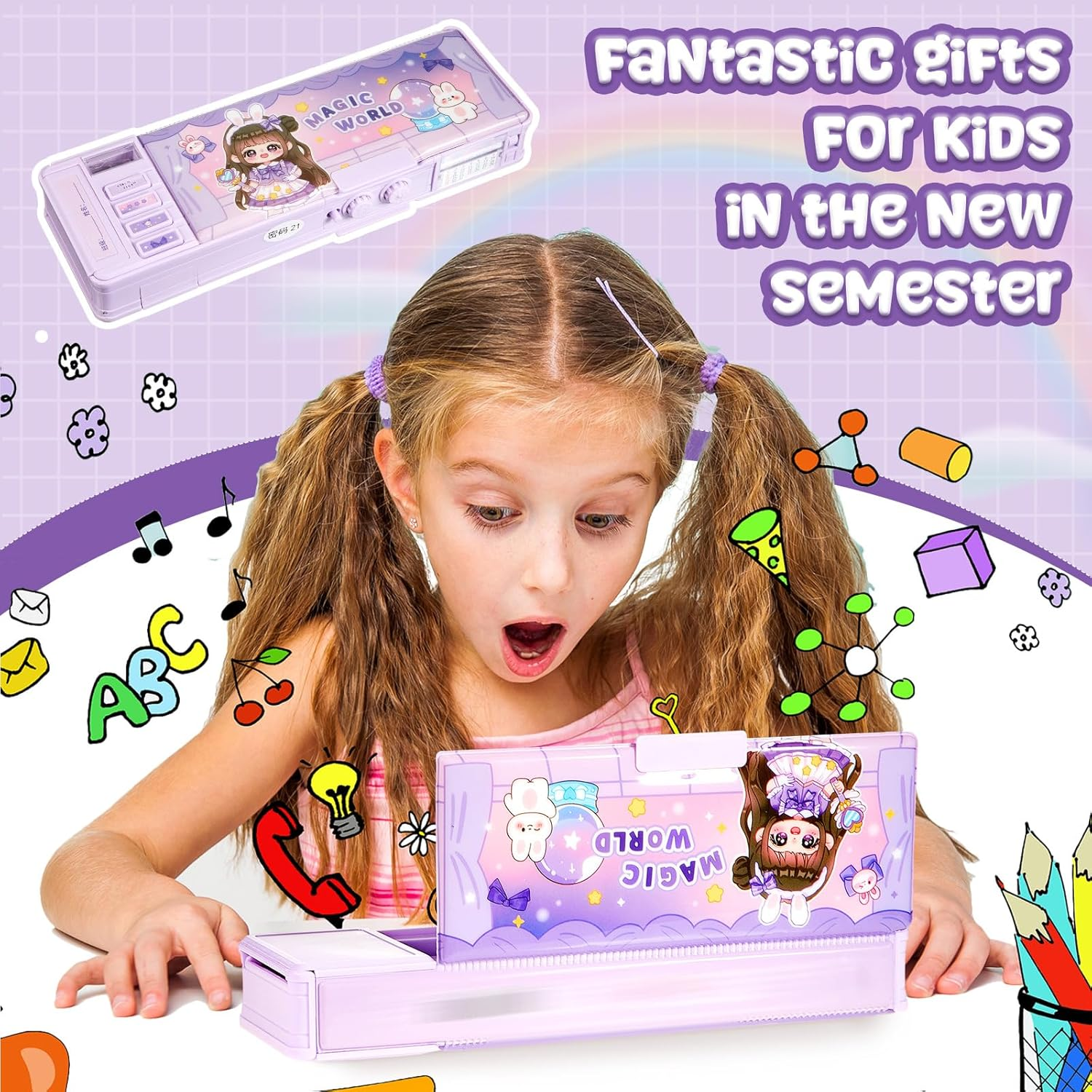 Pop up Multifunctional Pencil Case Organizer Cartoon Pen Box Pencil Box with Password Lock, Sharpener, Schedule, Whiteboard, Christmas Birthday Stationery Gifts for Teen (Purple,Magic World) image number 1