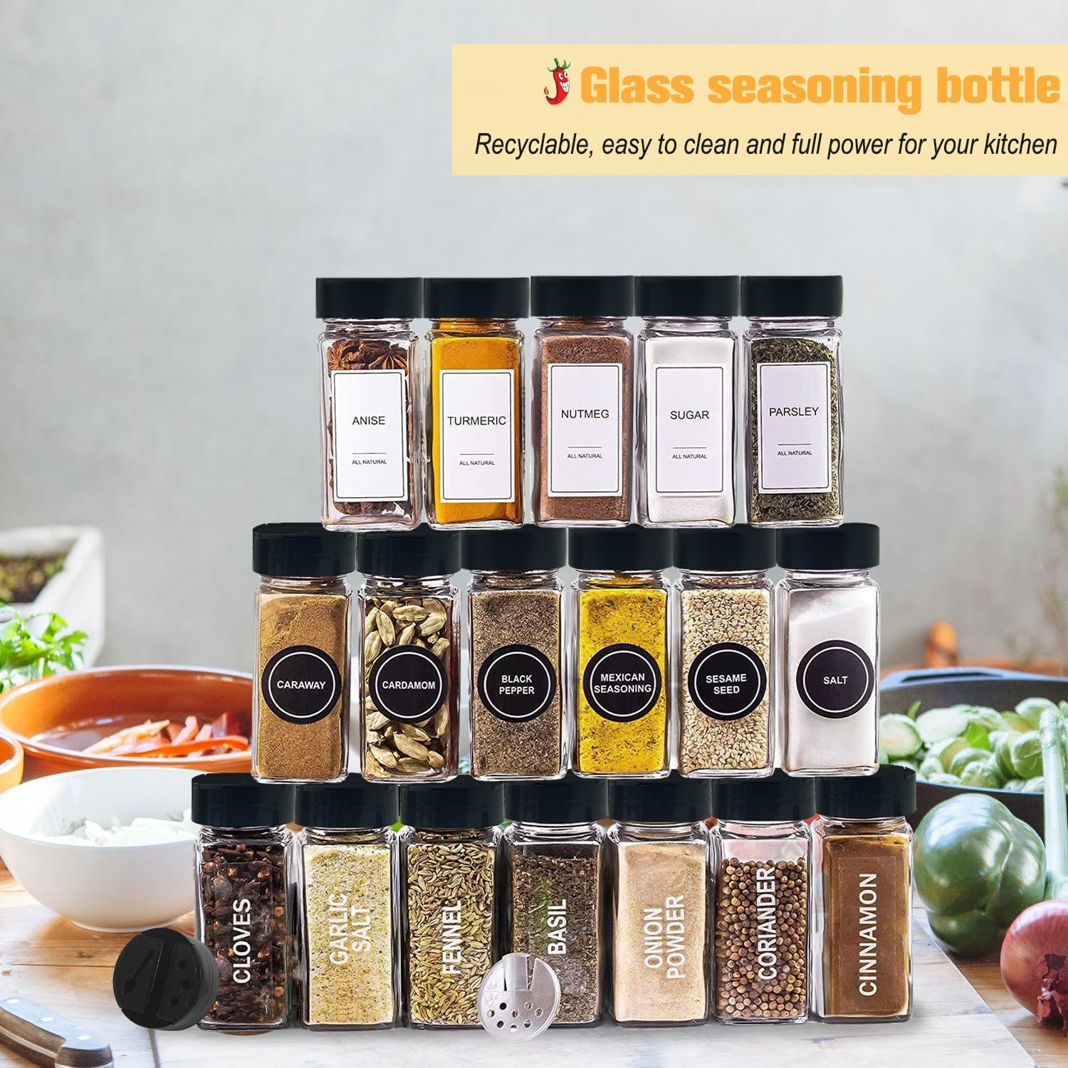 24 Pcs Spice Jars with Labels, Yakiter 120 Ml Glass Spice Jars with Black Seal Lid and Funnel, Kitchen Sealed Storage Jar with Lid, Empty Spice Jar for Kitchen, Cabinets, Drawers (24 Bottles) image number 1