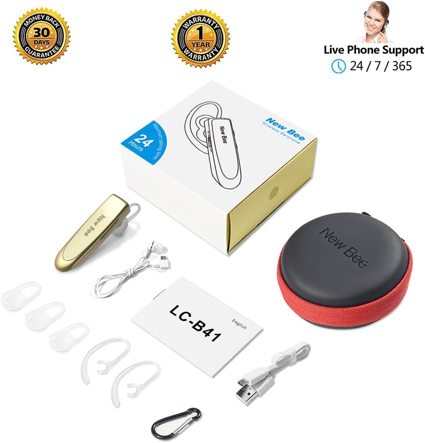 Bluetooth Headset Handsfree Wireless Bluetooth Earpiece New Bee Driving Earphone with Noise Cancelling Microphone 24 Hrs Talk Time Business In-Ear Headphones Earbuds for Apple Iphone X 8 7 6 6S, Samsung Galaxy, HTC, LG, SONY, PC, Laptop (Black) (Gold) image number 6