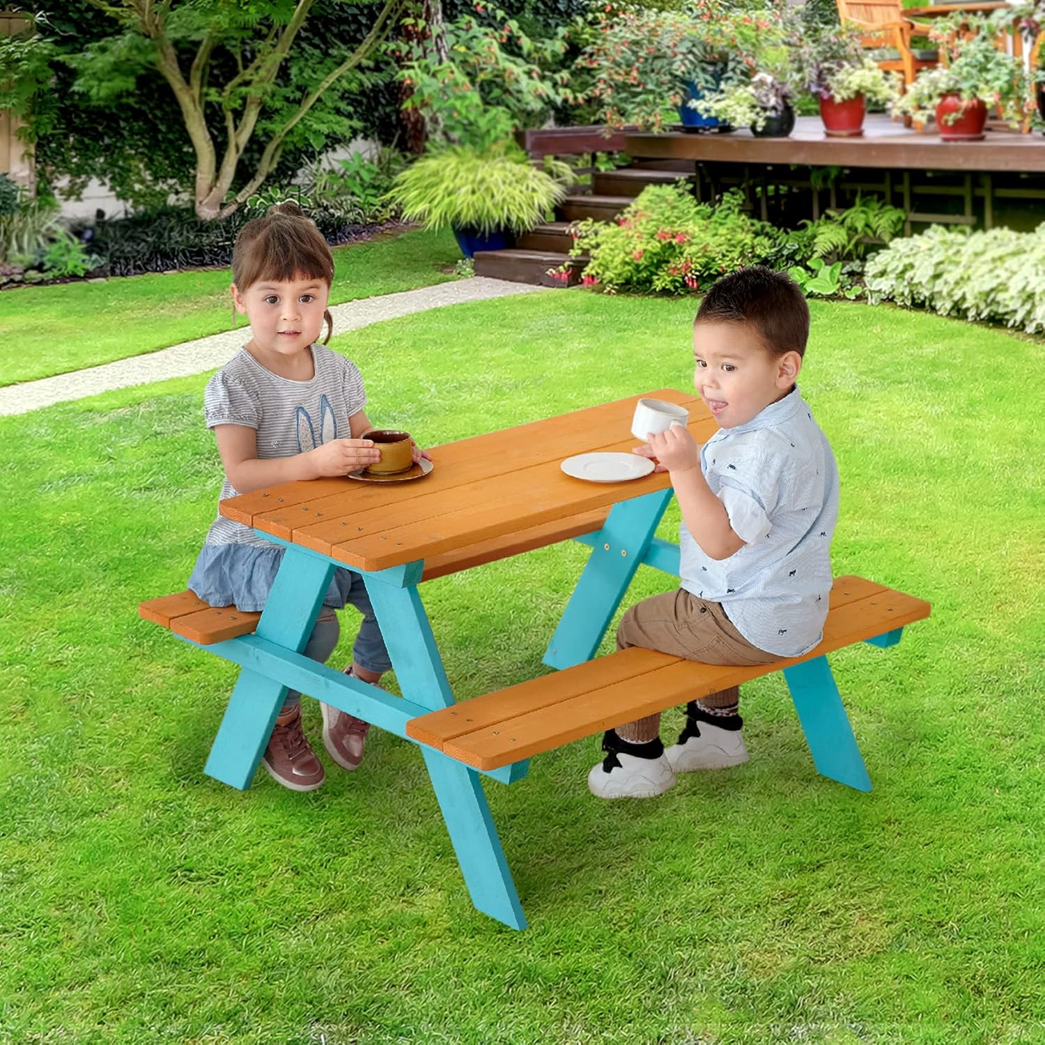 Teamson Kids Outdoor Picnic Table & Bench Set, Aqua/Natural image number 3