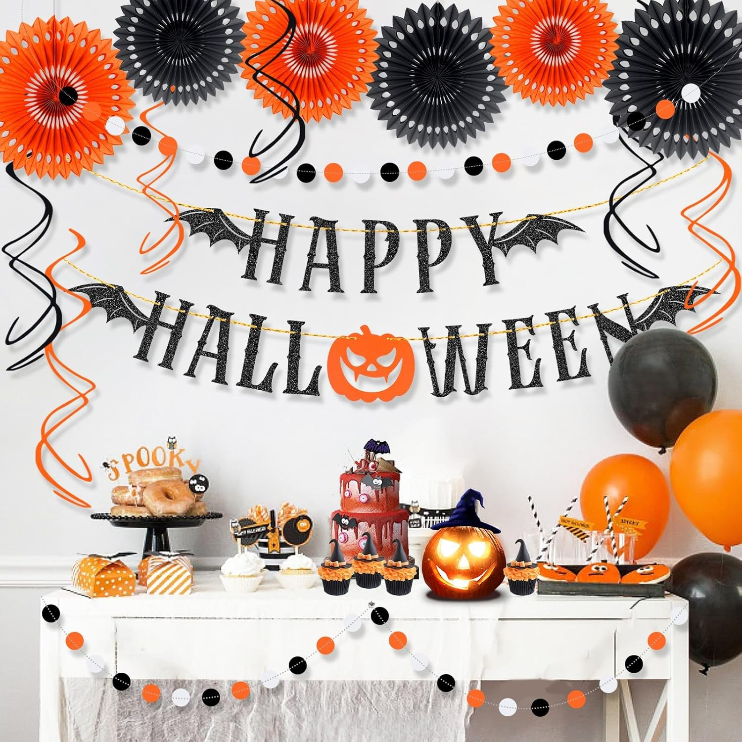 Hapurs Happy Halloween Banner, Halloween Office Decorations Paper Fans Halloween Banner for Wall Mantle, Glitter Bat Wings Hanging Halloween Party Decorations image number 2