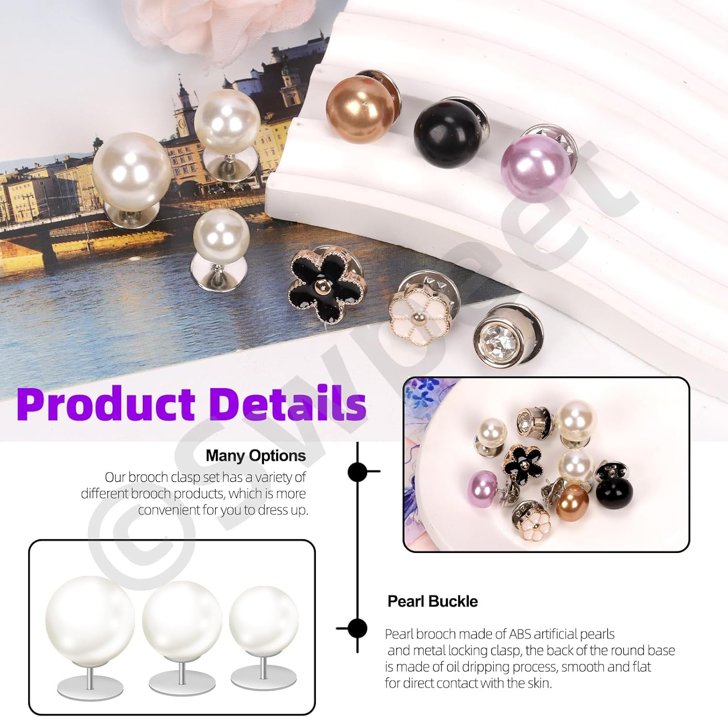 Swpeet 45Pcs 9 Styles No Sew Pearl Buttons Anti-Exposure Fixed Brooches Pearl Pins Women Shirt Brooch Buttons Cover up Button Pin Safety Brooch Buttons for Clothing Dress Sweater Shoes image number 3