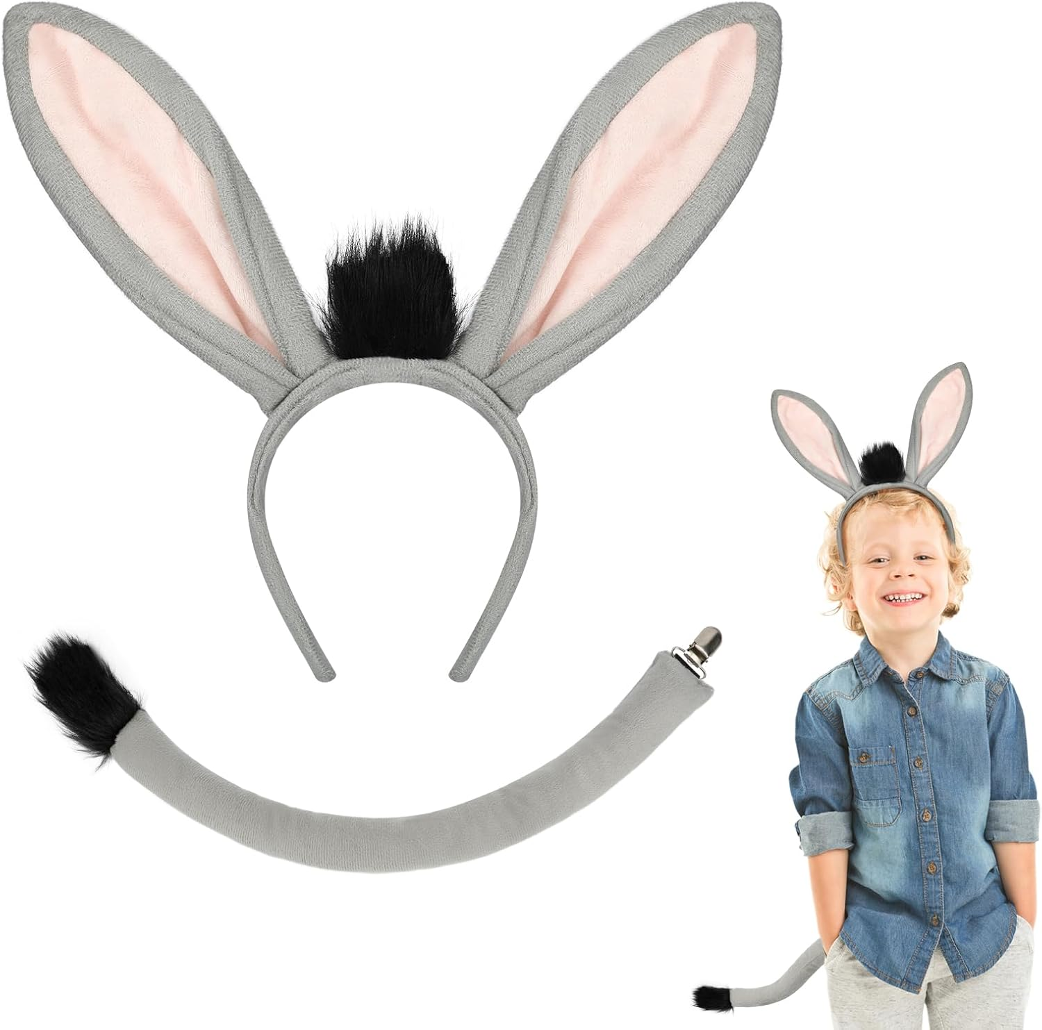 Hifot 2Pcs Donkey Costume Set, Grey Donkey Ears Headband and Tail Set, Donkey Animal Fancy Dress Outfit Animal Costume Accessories for Kids Adults for Cosplay Halloween Carnival Nativity Theme Party image number 6
