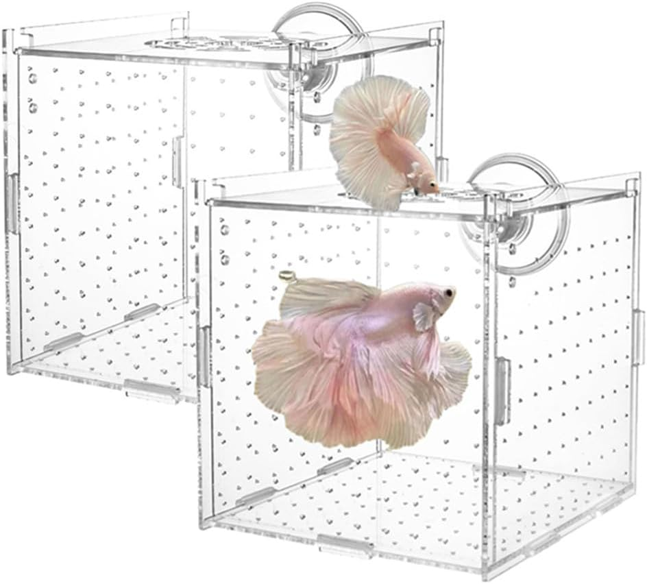 Fish Breeding Box, Wanfoou 2 Pcs Acrylic Fish Breeding Box, Transparent Acrylic Aquarium Isolation Box with Suction Cup, Hang-On Baby Fish Shrimp Hatchery for Aquarium Fish Tank