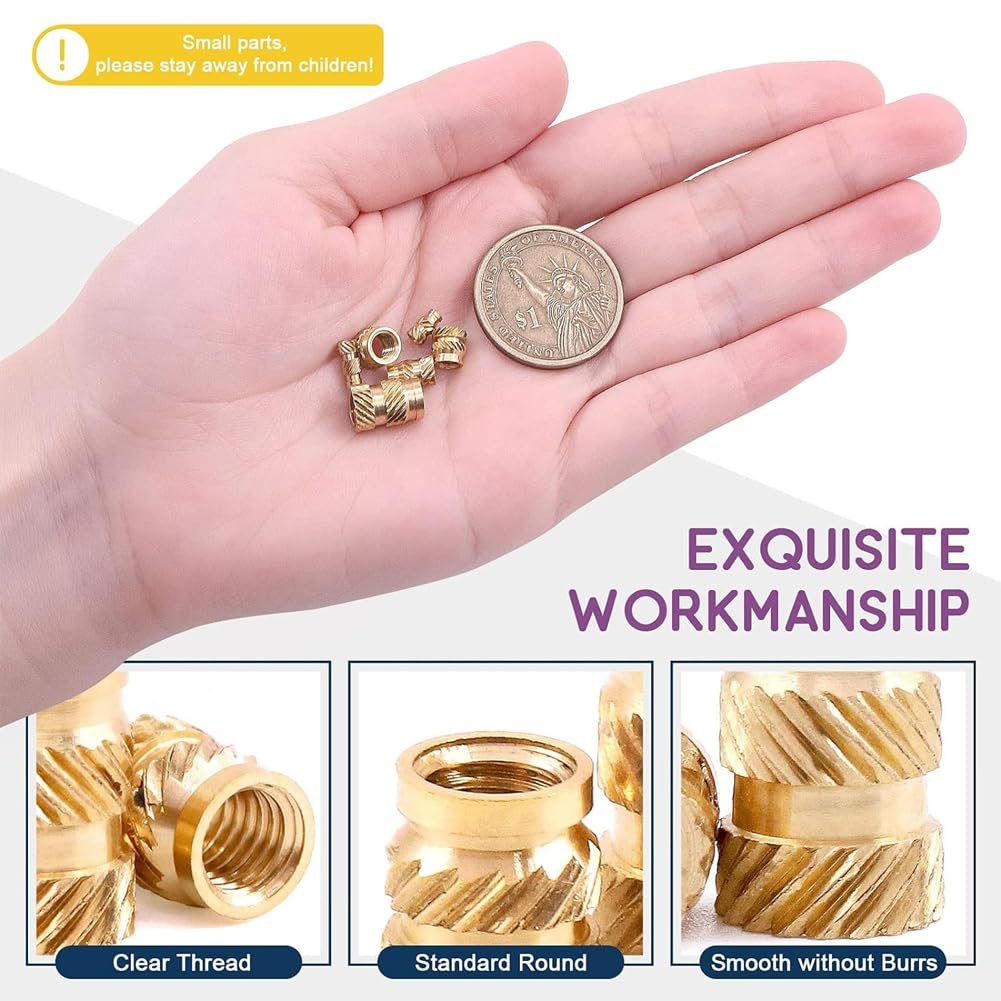 300Pcs M2 M3 M4 M5 M6 Female Thread Knurled Nuts Brass Threaded Insert Embedment Nuts Hydraulic Welded Joint Injection Molding Assortment Kit Perfect for Fastening Fixing Injection Molding image number 4