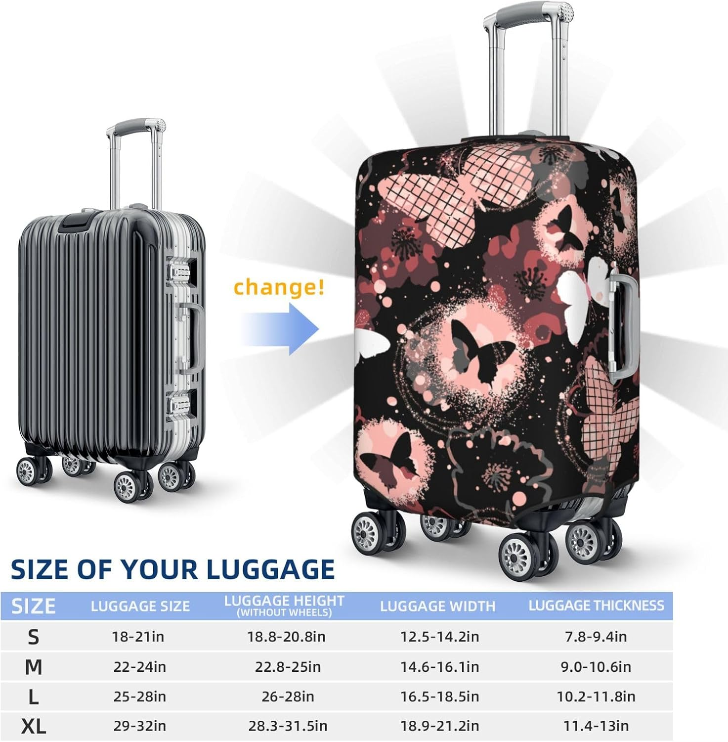 Lukbfall Cute Cats Silhouettes Luggage Suitcase Covers Elastic Washable Black Luggage Protector Travel Suitcase Protective Cover for Kid and Adult,, Butterflies #01, M (Fit 22-24 Inch Luggage) image number 1