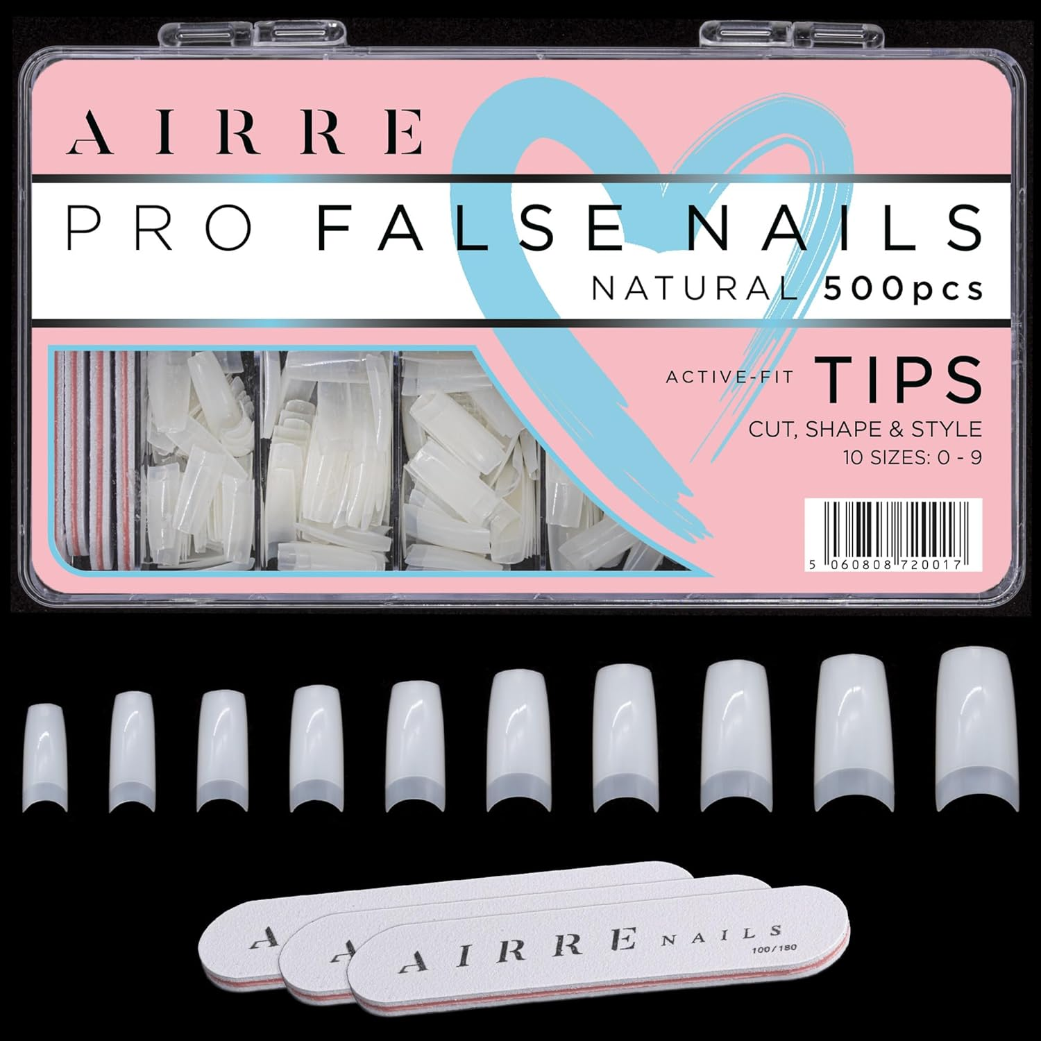 500 AIRRE Pro Acrylic Nail Tips & 3 Files with Box - (10 Sizes) French Square Half Cover False Nails. for Salons MUA & Home DIY. Use: Cut, File & Shape, UV/LED Gel, Polish & Nail Art (Colour: Natural)