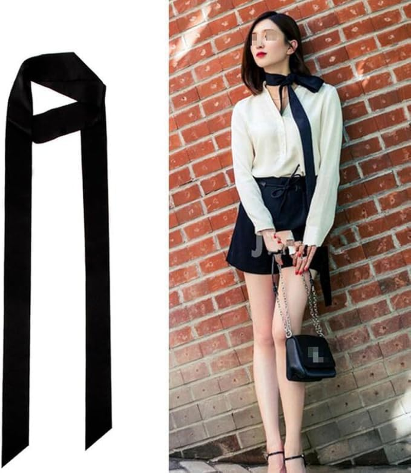 1PCS Black Long Scarf Silky Long Narrow Neckerchief Tie Ribbon Hair Scarf Waist Belt for Women Girls image number 5