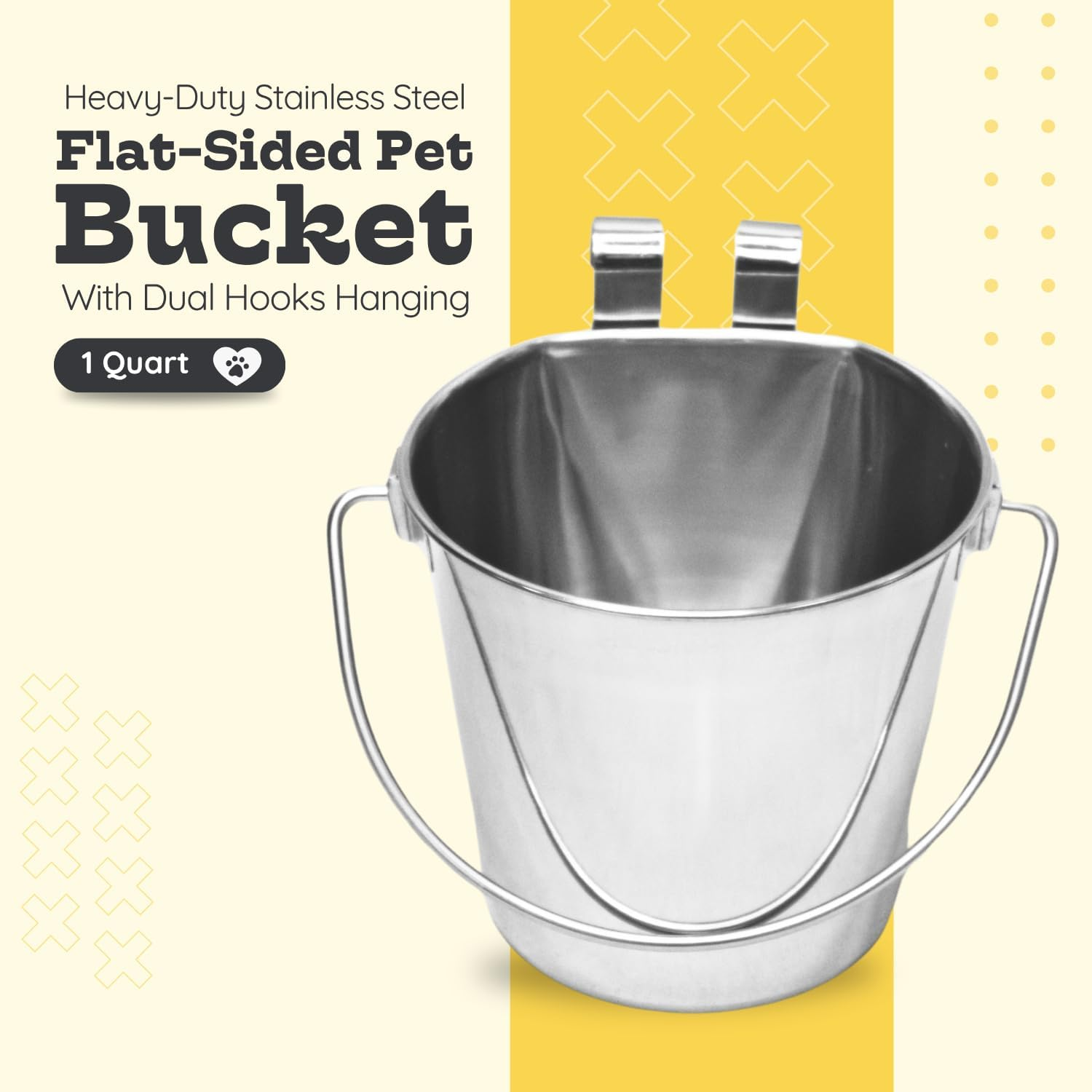AASPIRE PETS 1 Quart Stainless Steel Flat Sided Bucket with Dual Hooks | 0.25 Gal Durable Food & Water Bowl for Dog Cat Bird & Small Animals | Fits Kennel Cage Critter Crate | Hanging Utility Pet Pail image number 1