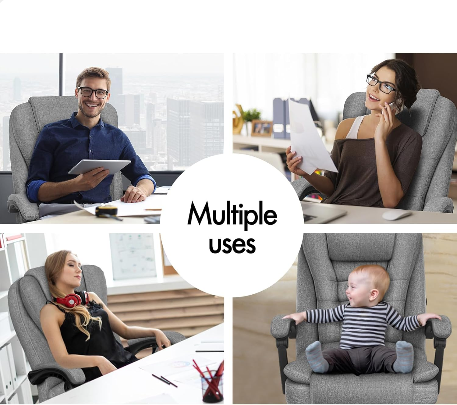 ALFORDSON Office Chair with 2-Point Massage, Ergonomic Computer Chair with Footrest Executive Fabric Home Desk Chair High Back Recliner Chair, Fabric Grey image number 3