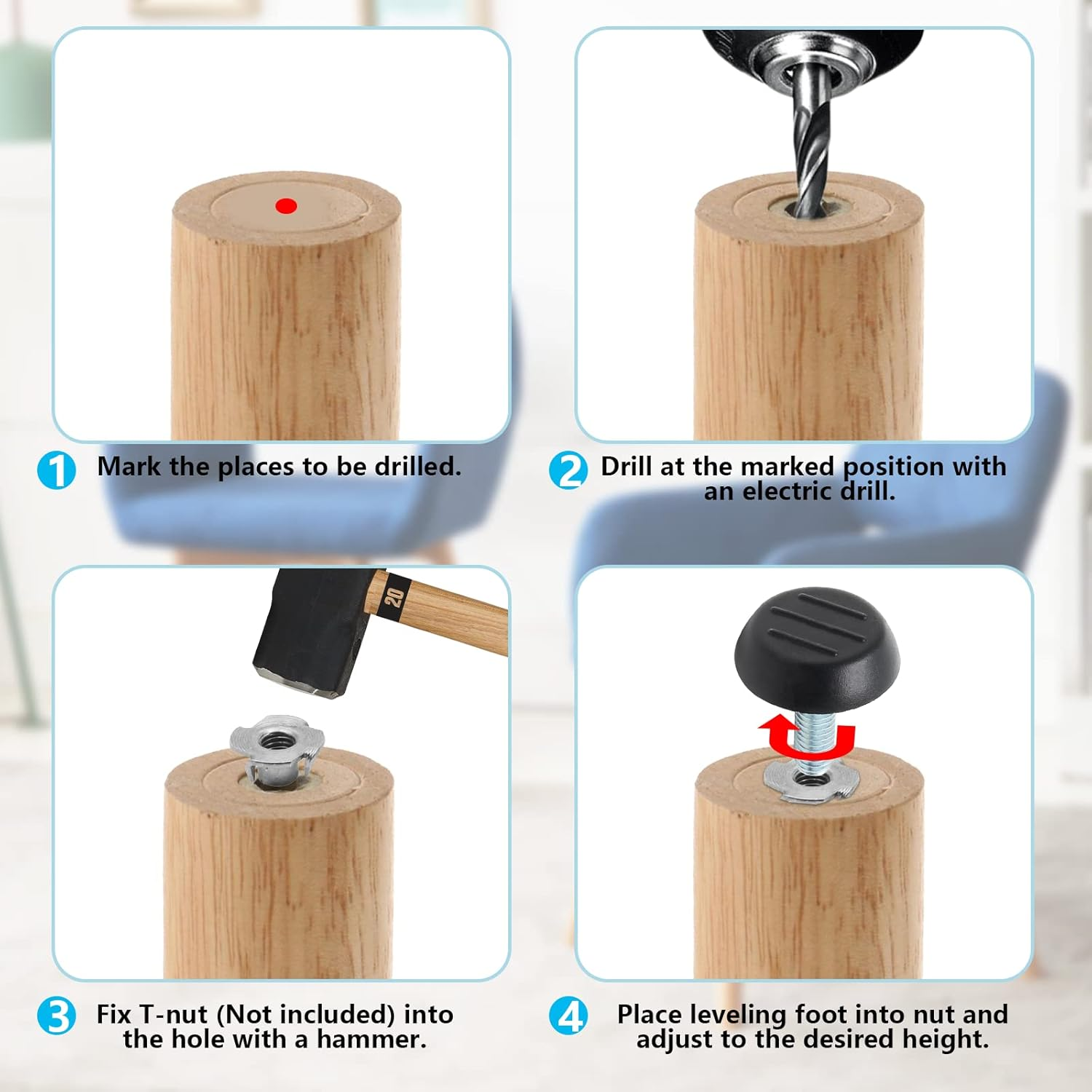 Auvotuis 20 Pcs M8 Adjustable Furniture Levelers Screw on Furniture Glide Leveling Foot Screw in Threaded for Chair, Table, Furniture Legs (M8 X 15Mm) image number 1