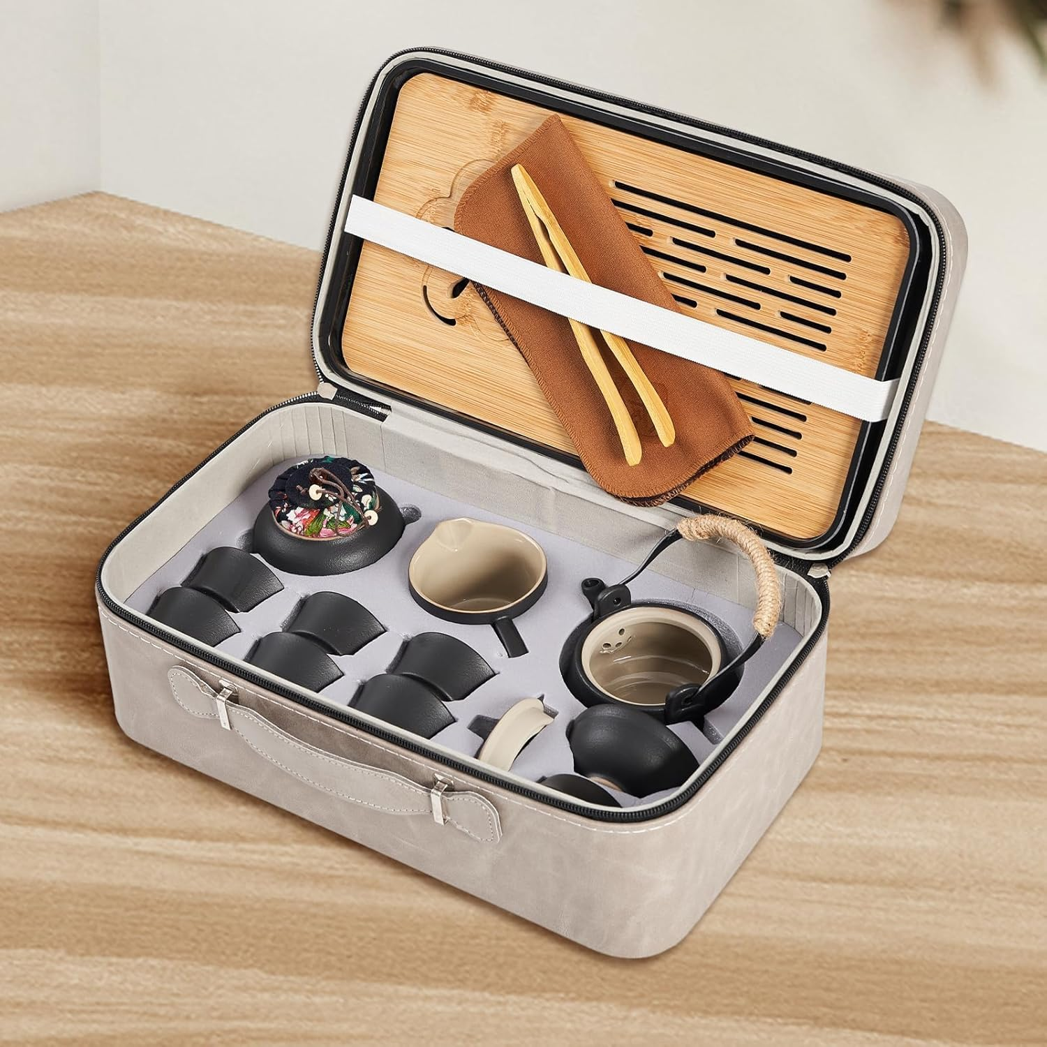 Kapeicamper Japanese Tea Set, Chinese Tea Set, Travel Tea Sets for Adults, Ceramic Gongfu Tea Set, 14-Piece Porcelain Tea Set Withgrey Leather Case, Portable Asian Tea Gift Sets, Home, Outdoor image number 5
