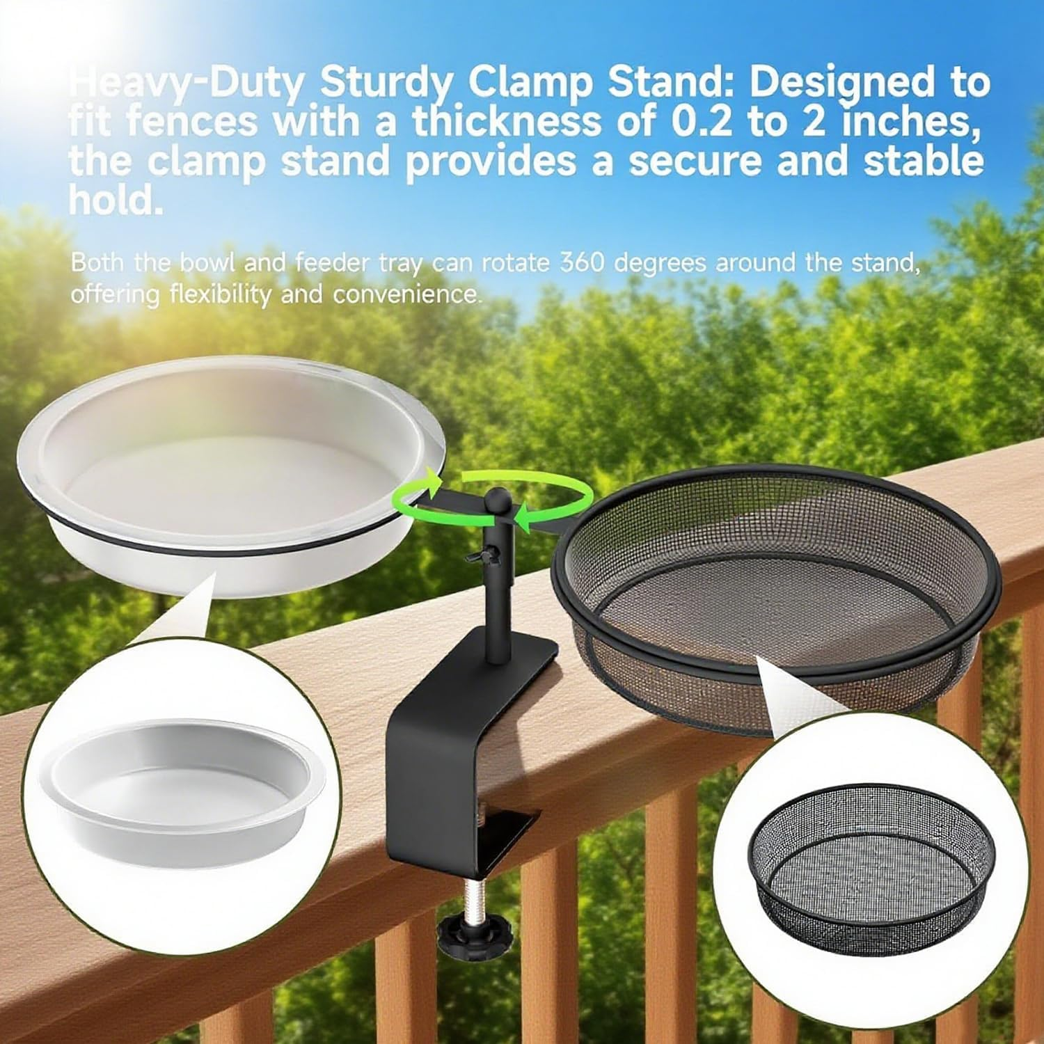 Xinghonyac Deck Bird Feeder, 2 in 1 Wild Bird Bath & Water Food Container Station, Detachable Platform Bird Feeder with Metal Mesh Tray and Water Bowl for Garden, Yard, Balcony, Outdoor Deck image number 1