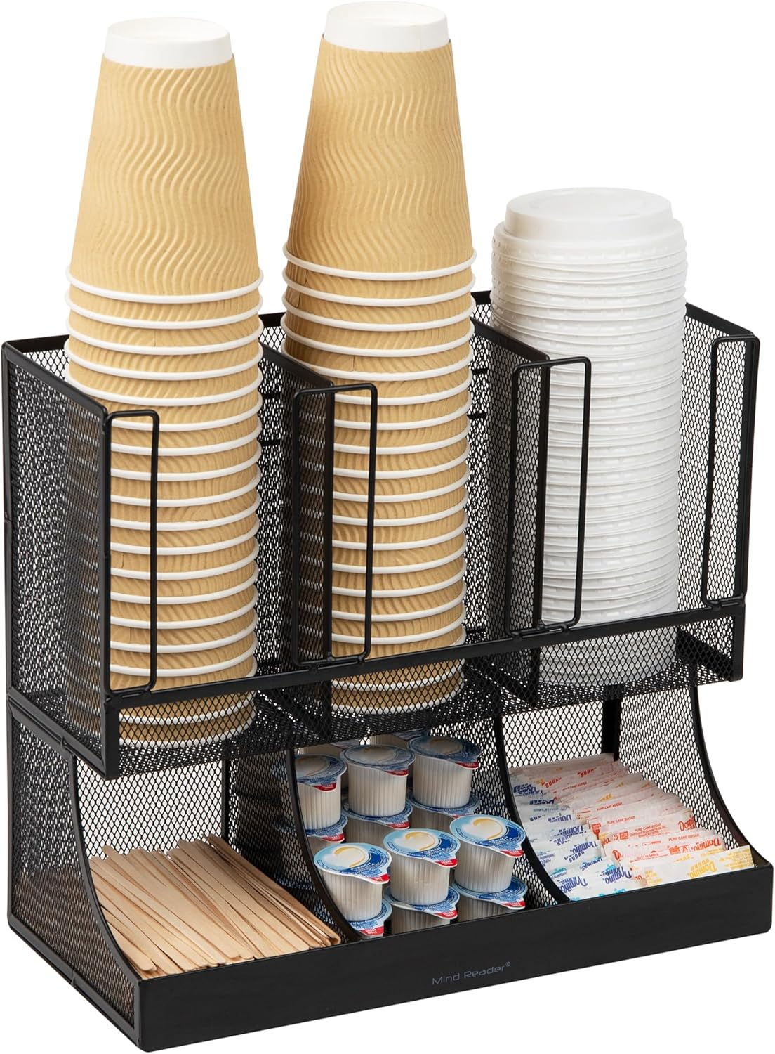 Mind Reader Cup and Condiment Station, Countertop Organizer, Coffee Bar, Kitchen, Metal Mesh, 13" L X 6.45" W X 11.25" H, Black image number 1