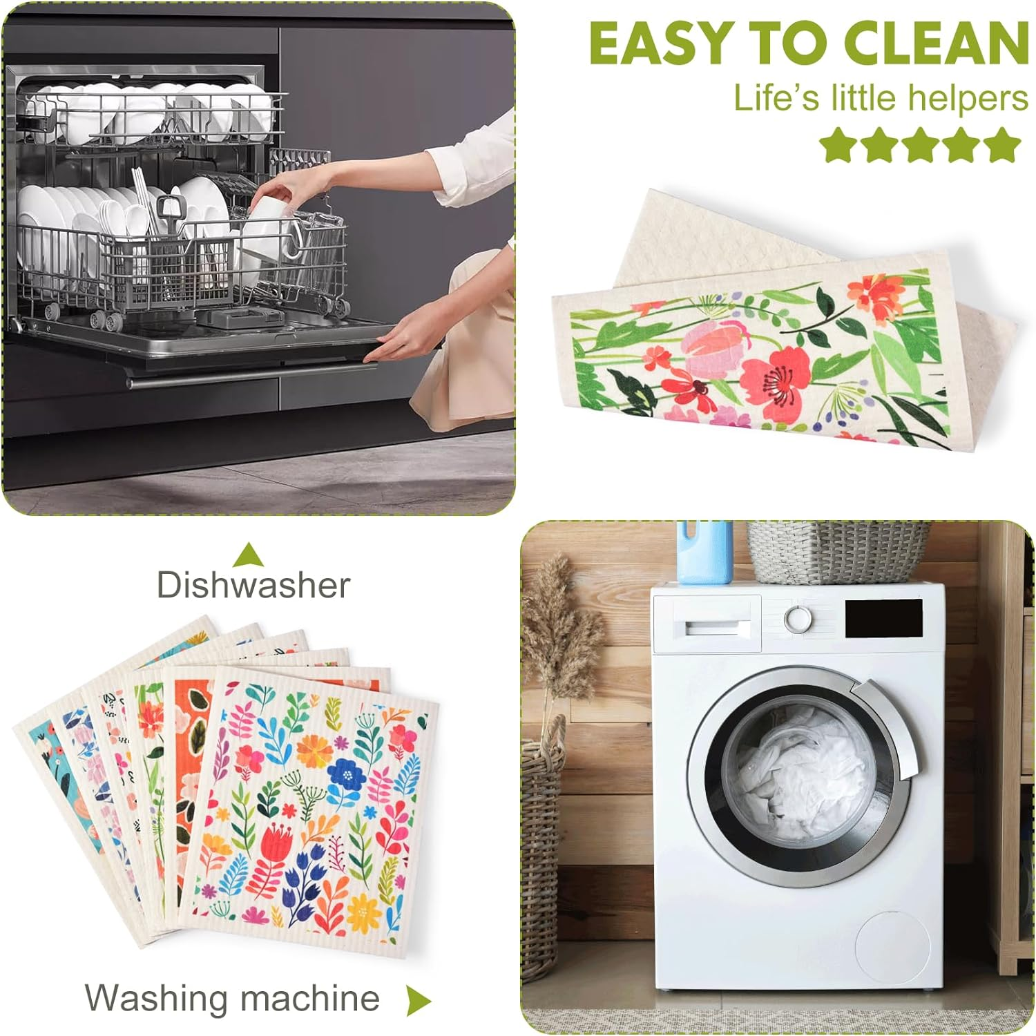 Three Oaks Set of 6 Kitchen Scandi Flower Floral Meadow Daisy Peony Swedish Dishcloths Cleaning Cloths Towels Absorbent Quick Drying Dish for Counter Wipes image number 4