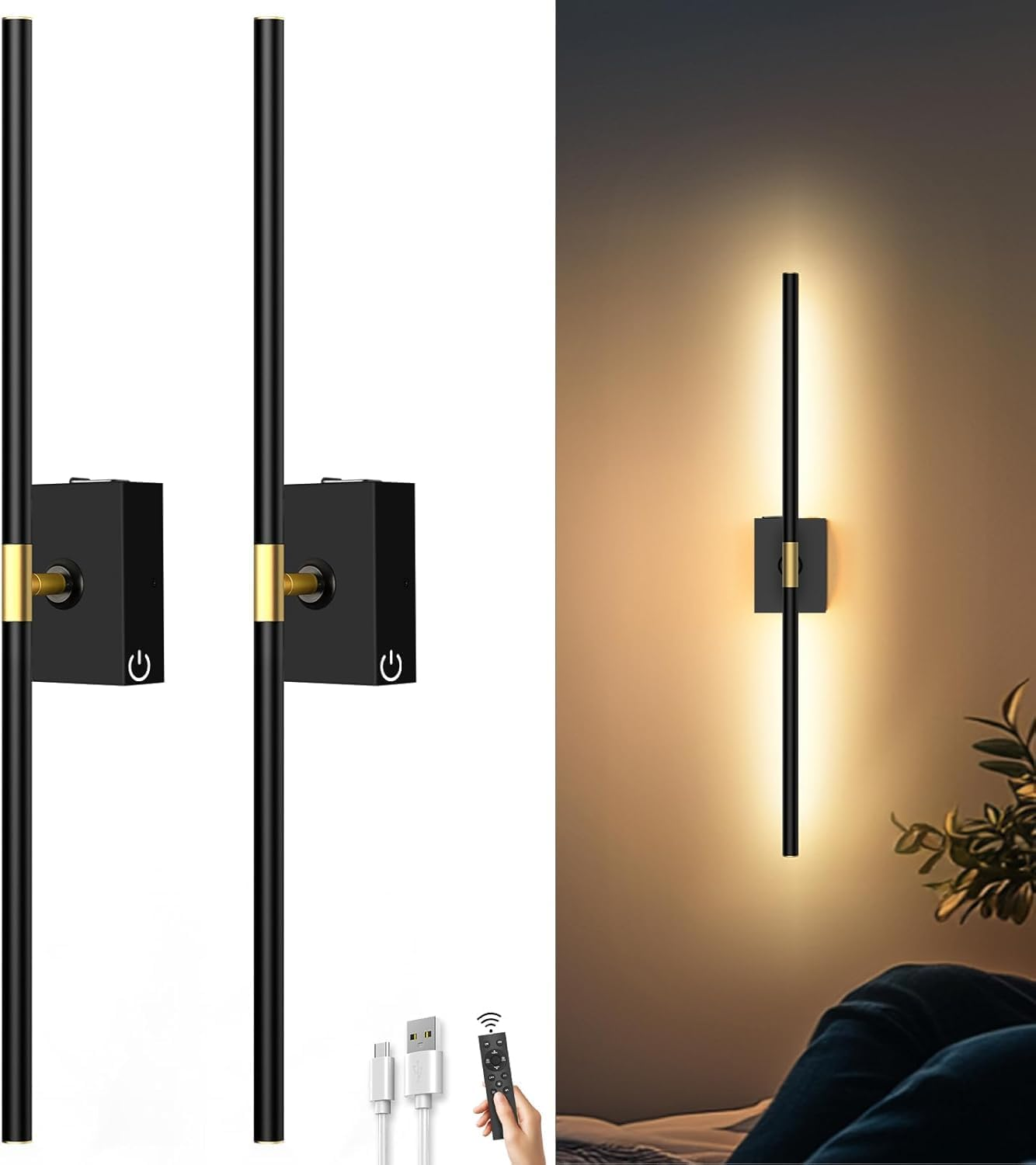 Battery Operated Wall Sconces Set of 2 &ndash; 10000Mah Rechargeable Wall Lights with Touch & Remote Control, 360&deg; Rotating Wireless Wall Lamps for Bedroom, Living Room, Hallway (80Cm, Black Gold) image number 2