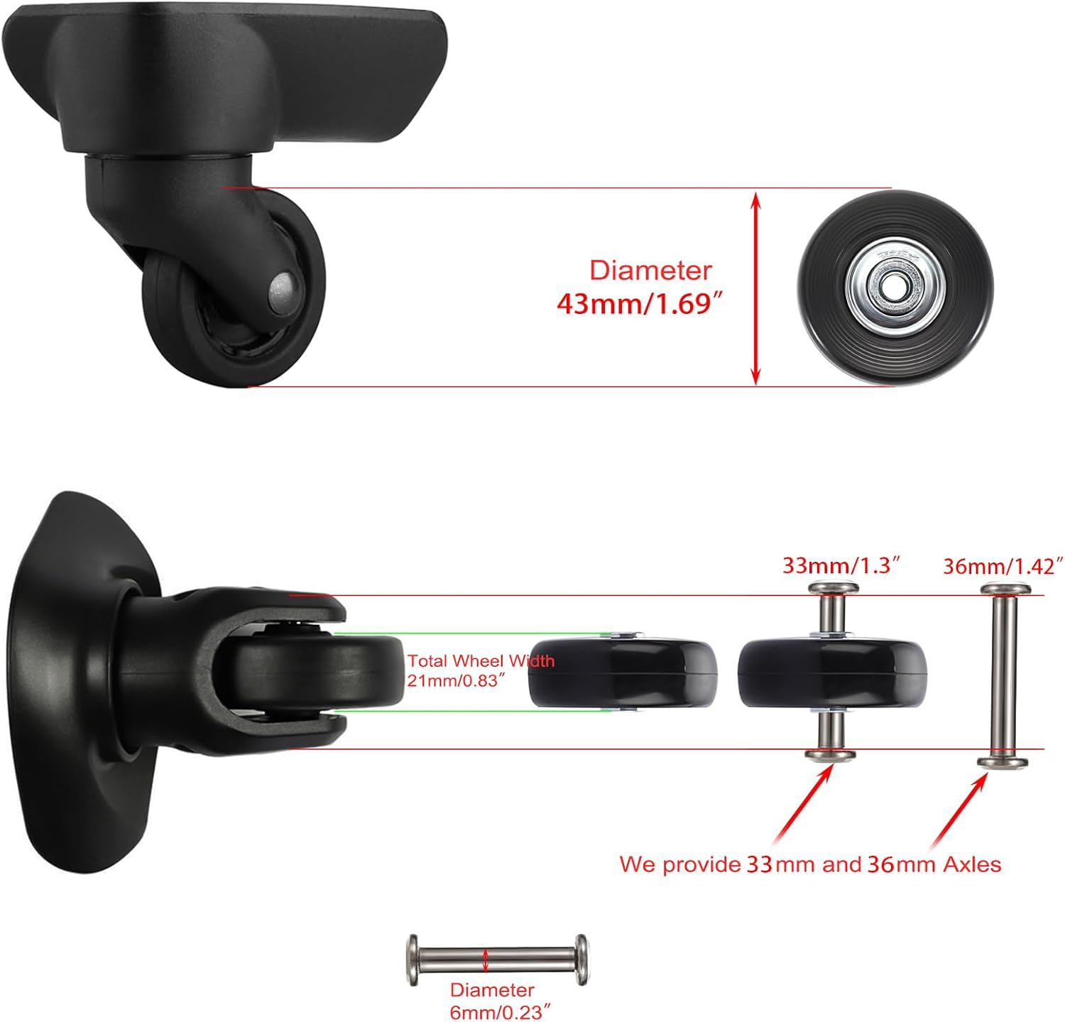 Ownmy 43 X 18Mm Luggage Suitcase Replacement Wheels, Rubber Swivel Caster Wheels Bearings Repair Kits, Set of 4 image number 1