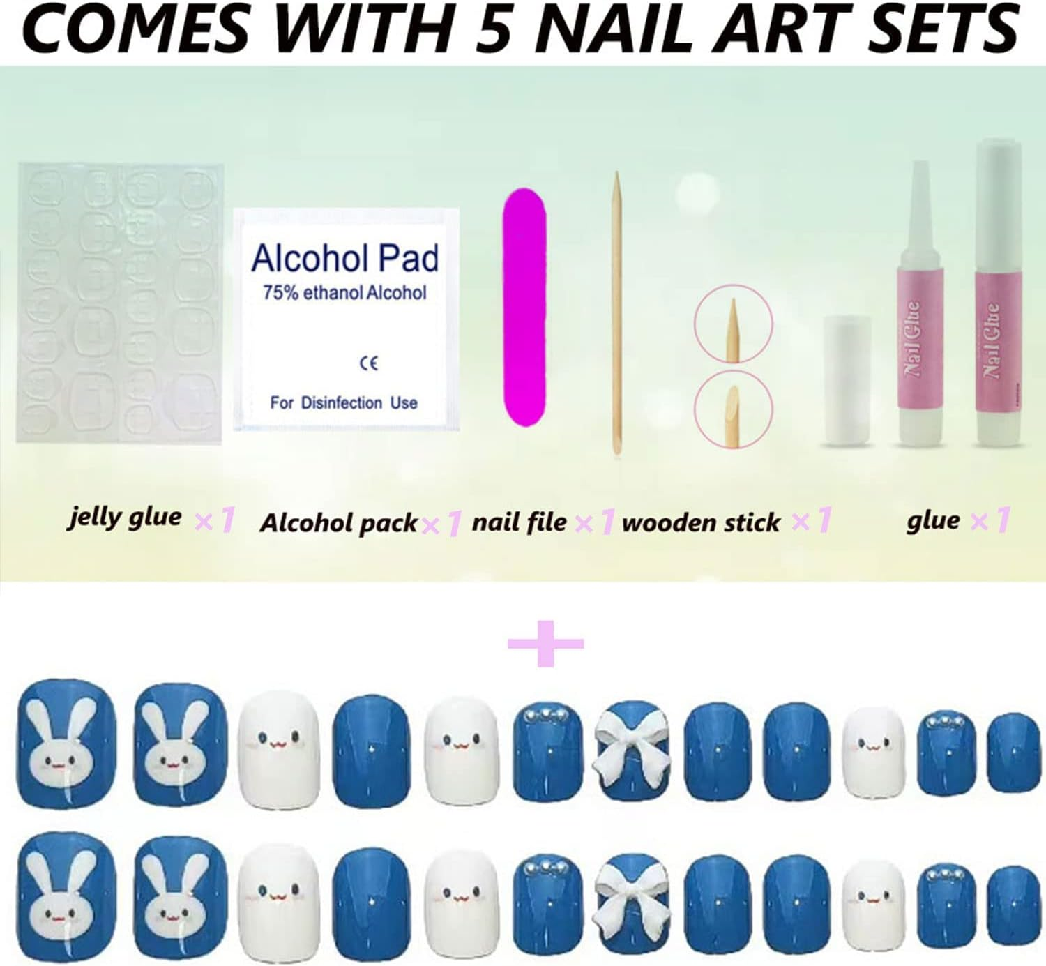 AIDVPOD Cute Fake Press on Nails for Women Kid Cute Rabbit Fake Nails Pre-Glue Short Full Cover False Nail Tips Stick on Nails Lovely Gift Girls Nail Art Decoration -Blue, 29 Piece Set - Blue image number 5