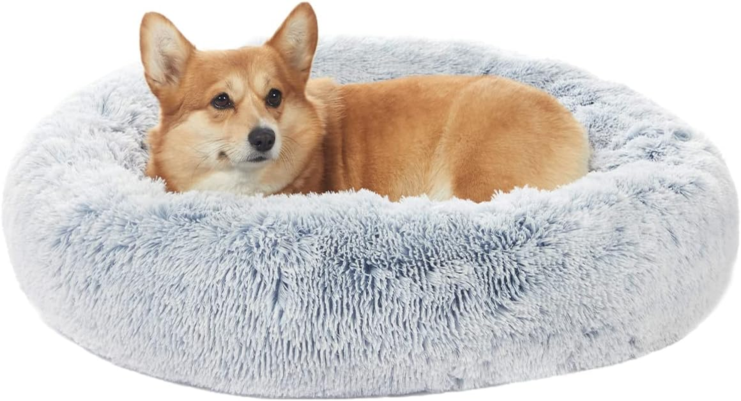 Bedfolks Calming Donut Dog Bed, 91CM round Fluffy Dog Beds for Large Dogs, Anti-Anxiety Plush Dog Bed, Washable Pet Bed with Non-Slip Bottom (Light Blue, Large)