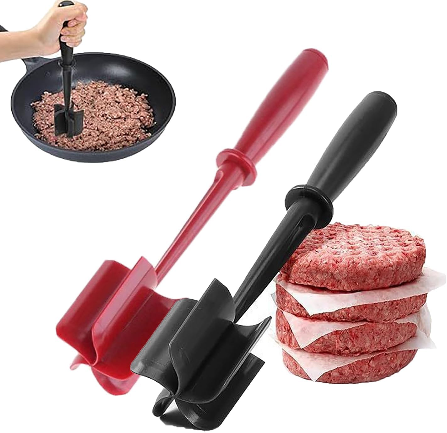 2Pcs Meat Chopper, Premium Heat Resistant Masher and Smasher for Hamburger Meat, Ground Beef, Ground Turkey and More-Non Stick Mix Chopper for Kitchen Tool(Red + Black) image number 3