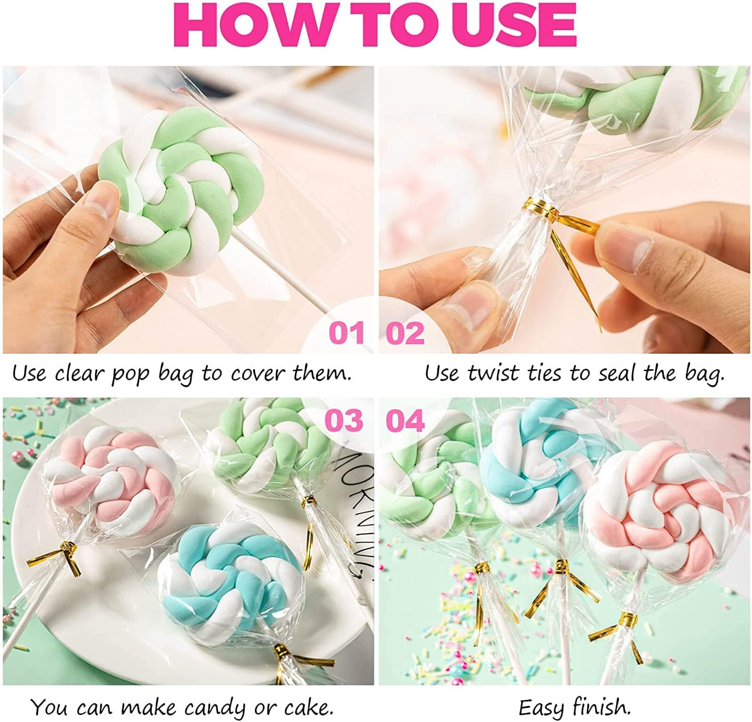 Cake Pop Sticks and Wrappers Kit,100Pcs Parcel Bags, Papery Treat Sticks, 100Pcs Colorful Metallic Twist Ties for Making Lollipops, Cake Pops, Candies, Chocolates and Cookies image number 4